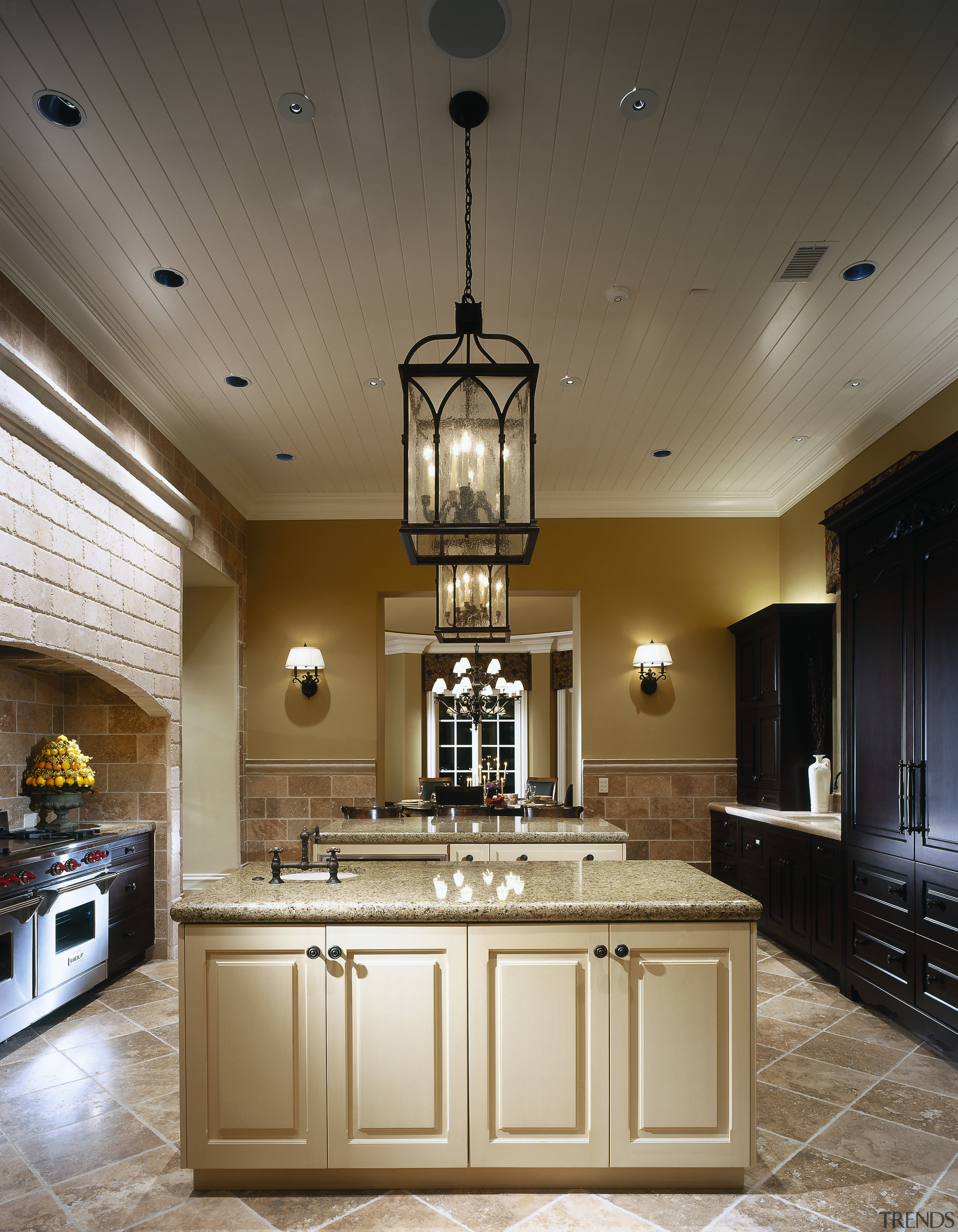 View of the kitchen lighting - View of cabinetry, ceiling, countertop, cuisine classique, interior design, kitchen, room, under cabinet lighting, brown, gray