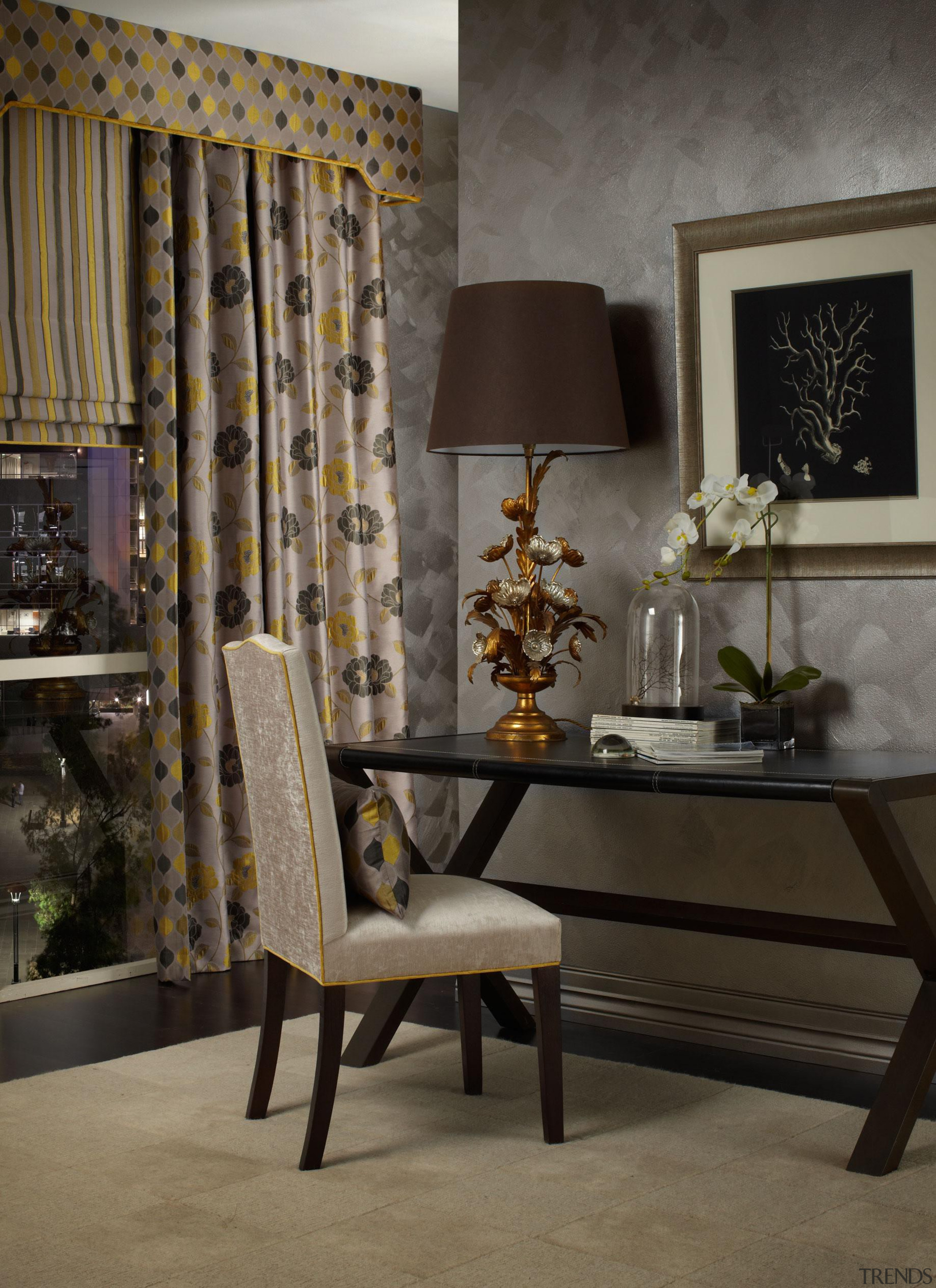 Clementine - chair | curtain | dining room chair, curtain, dining room, floor, furniture, home, interior design, living room, room, table, window, window covering, window treatment, wood, black, gray