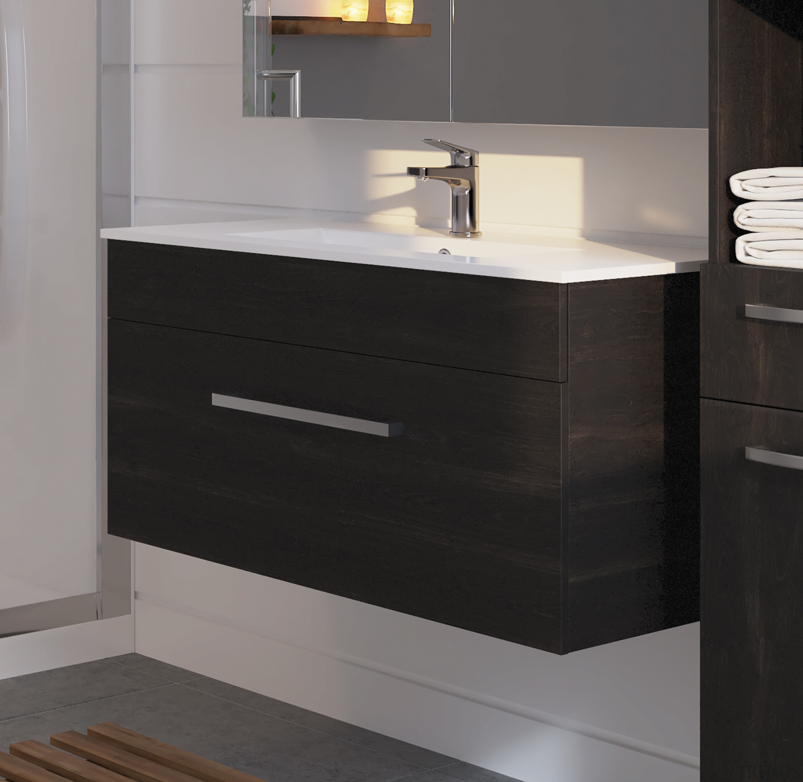 • Slimline vitreous china top with 1 tap angle, bathroom, bathroom accessory, bathroom cabinet, bathroom sink, cabinetry, chest of drawers, countertop, drawer, floor, furniture, hardwood, plumbing fixture, product, sink, tap, tile, wood stain, gray, black