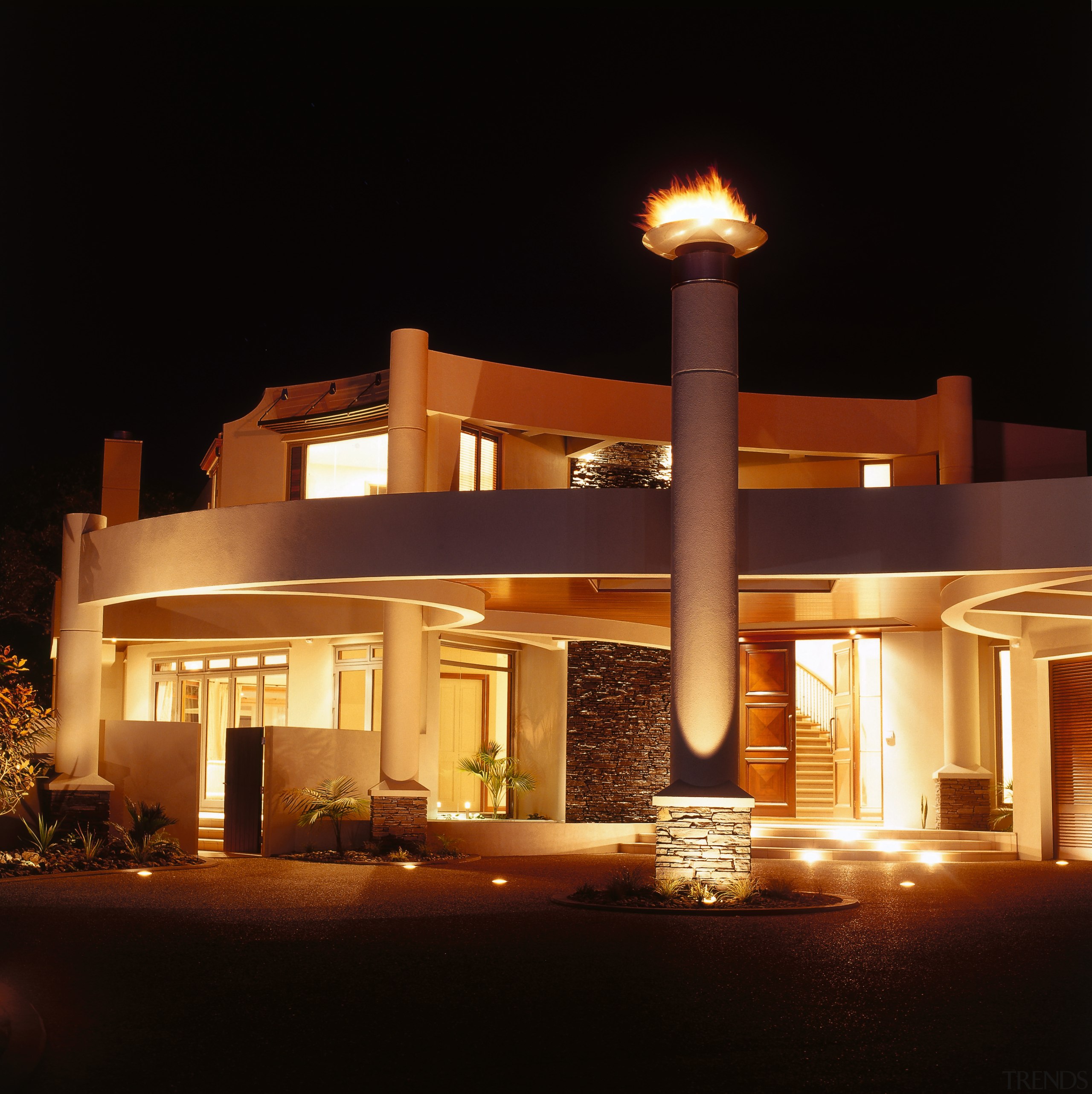 Exterior view of house designed by Don Nelson architecture, home, lighting, night, black