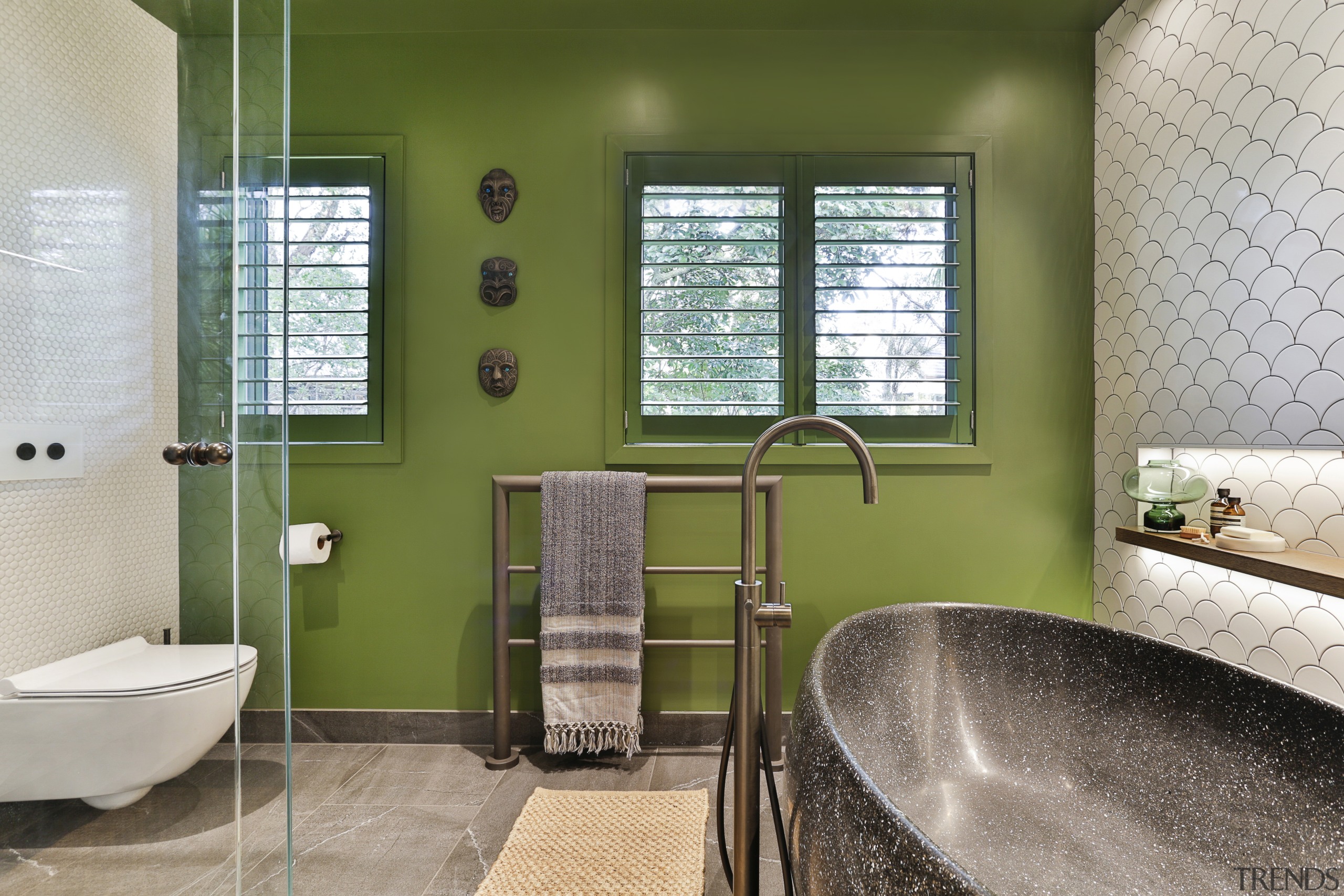 ​​​​​​​For this guest bathroom, designer Natalie Du Bois architecture, bathroom, bathtub, building, ceiling, door, estate, floor, flooring, furniture, glass, green, home, house, interior design, plumbing fixture, property, real estate, residential area, room, tap, tile, window, brown, gray