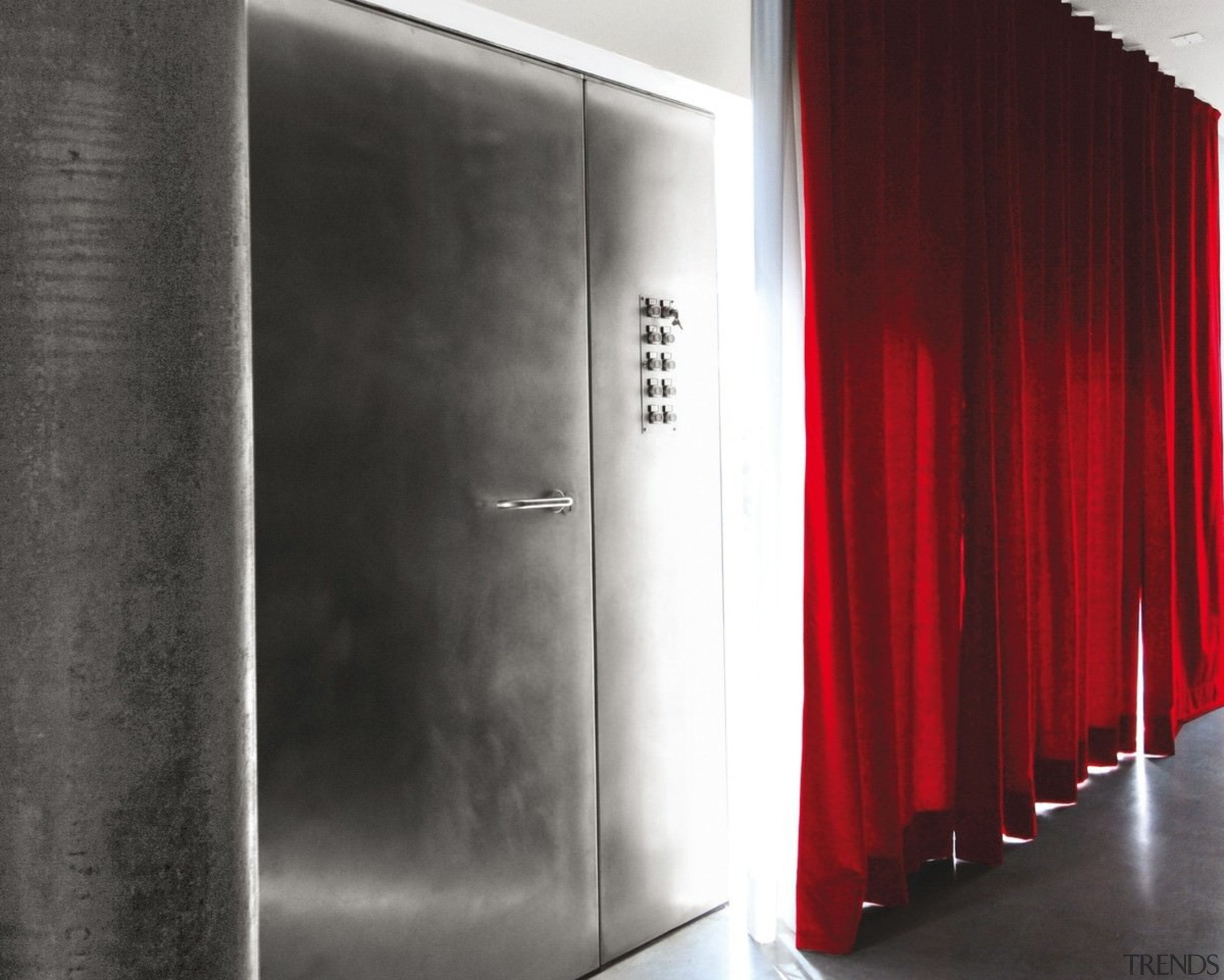 Architect: Tisselli Studio door, floor, interior design, wall, black, red