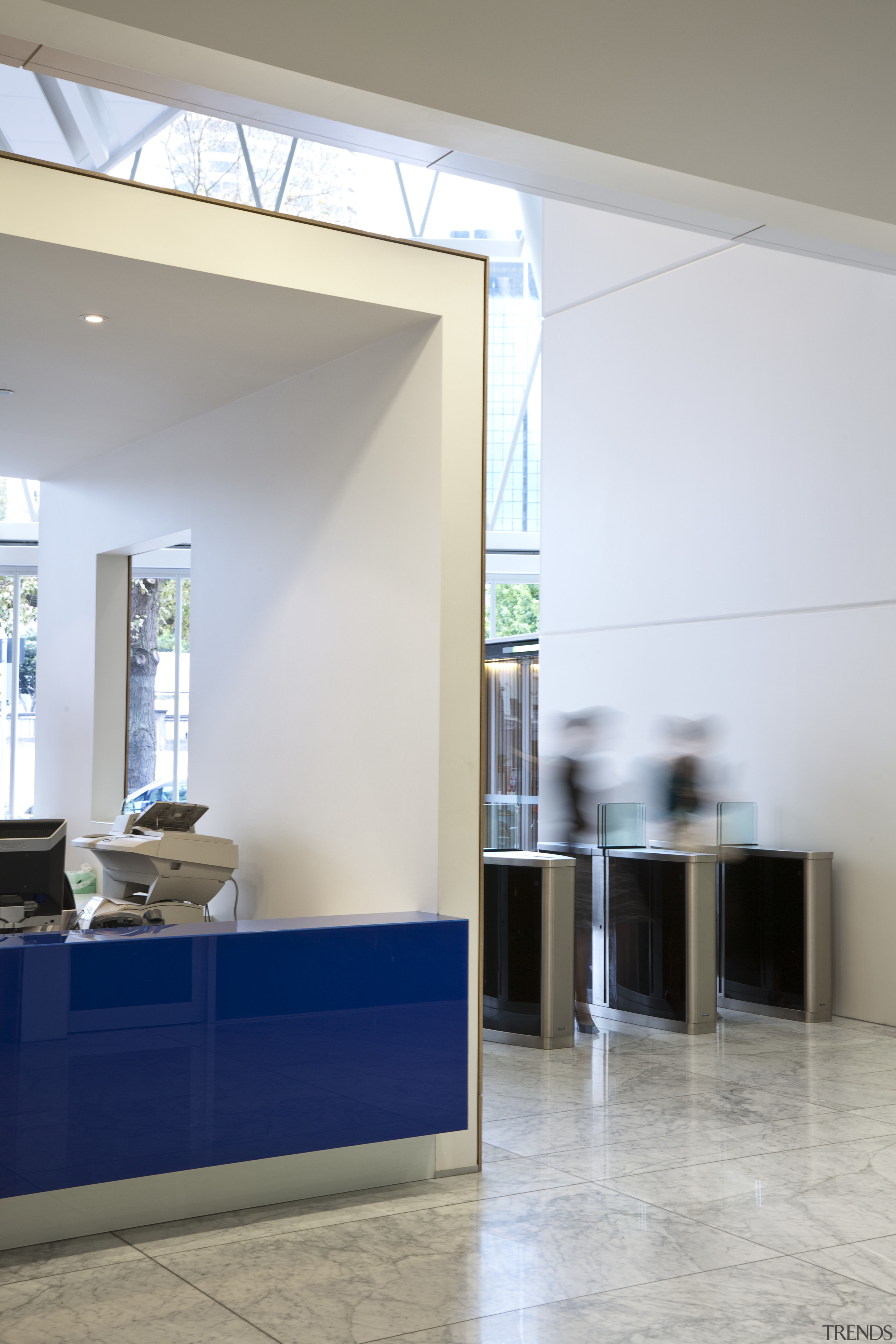 SpeedStile was installed by Gunnebo for secure access architecture, ceiling, daylighting, door, floor, flooring, glass, house, interior design, wall, window, gray, white