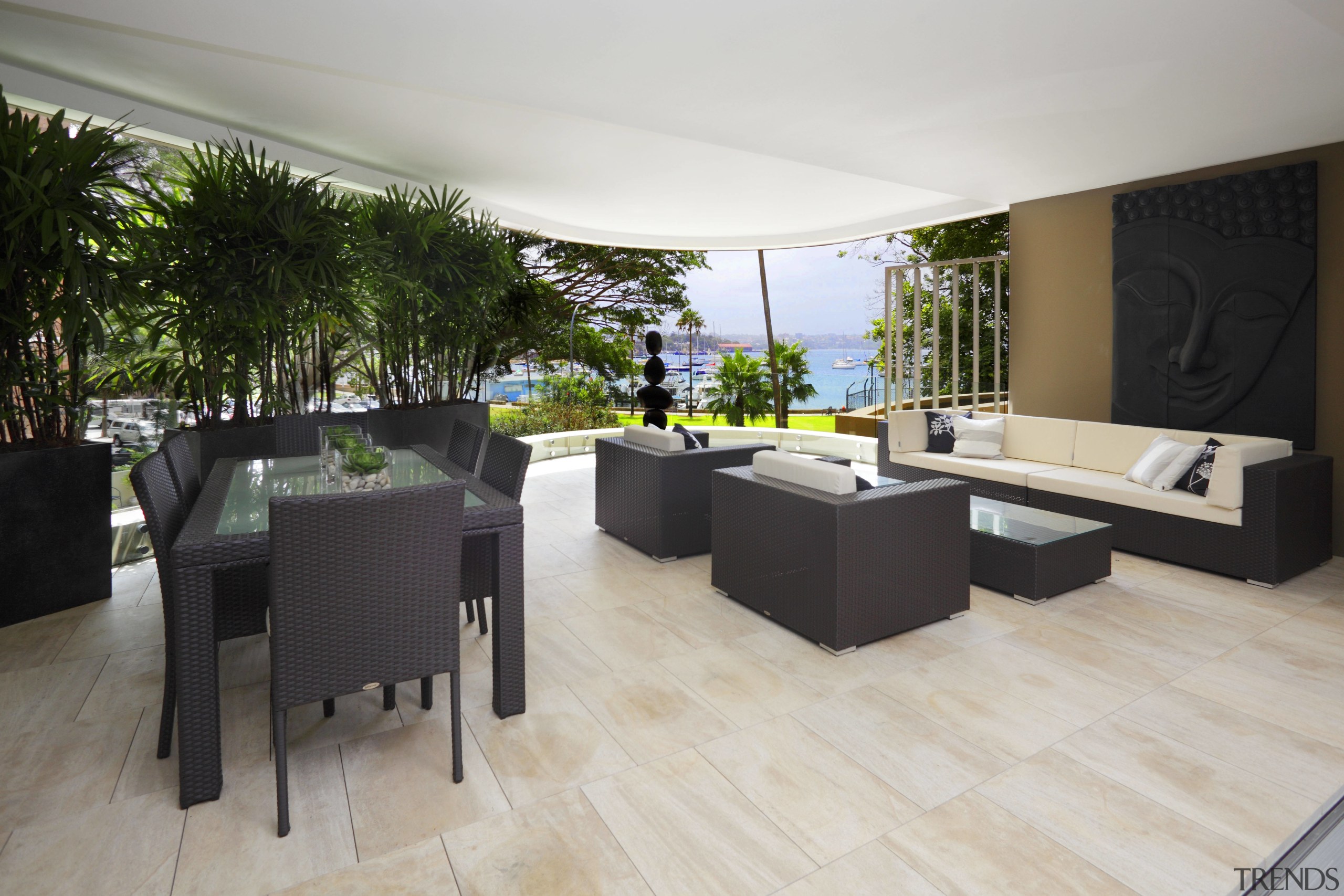 View of a covered patio which features tiled floor, interior design, real estate, gray