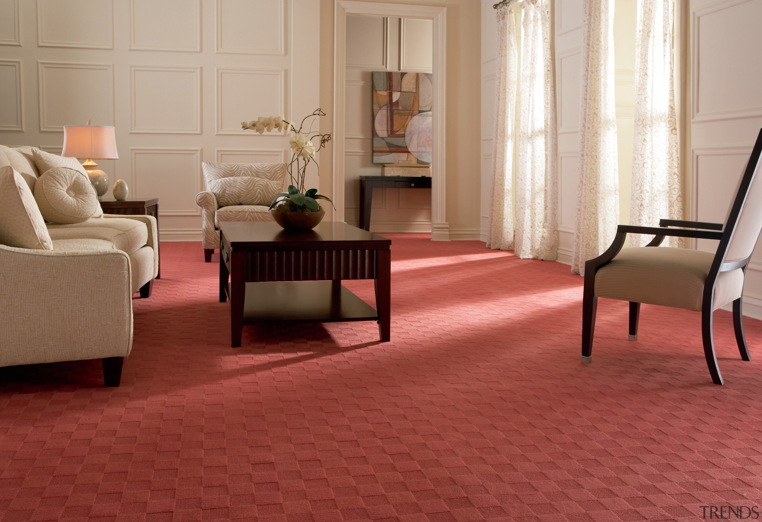 Glen Eden wool Carpet's latest design, Logan Aquare, carpet, chair, floor, flooring, furniture, hardwood, home, interior design, laminate flooring, living room, room, table, tile, wood, wood flooring, red, gray