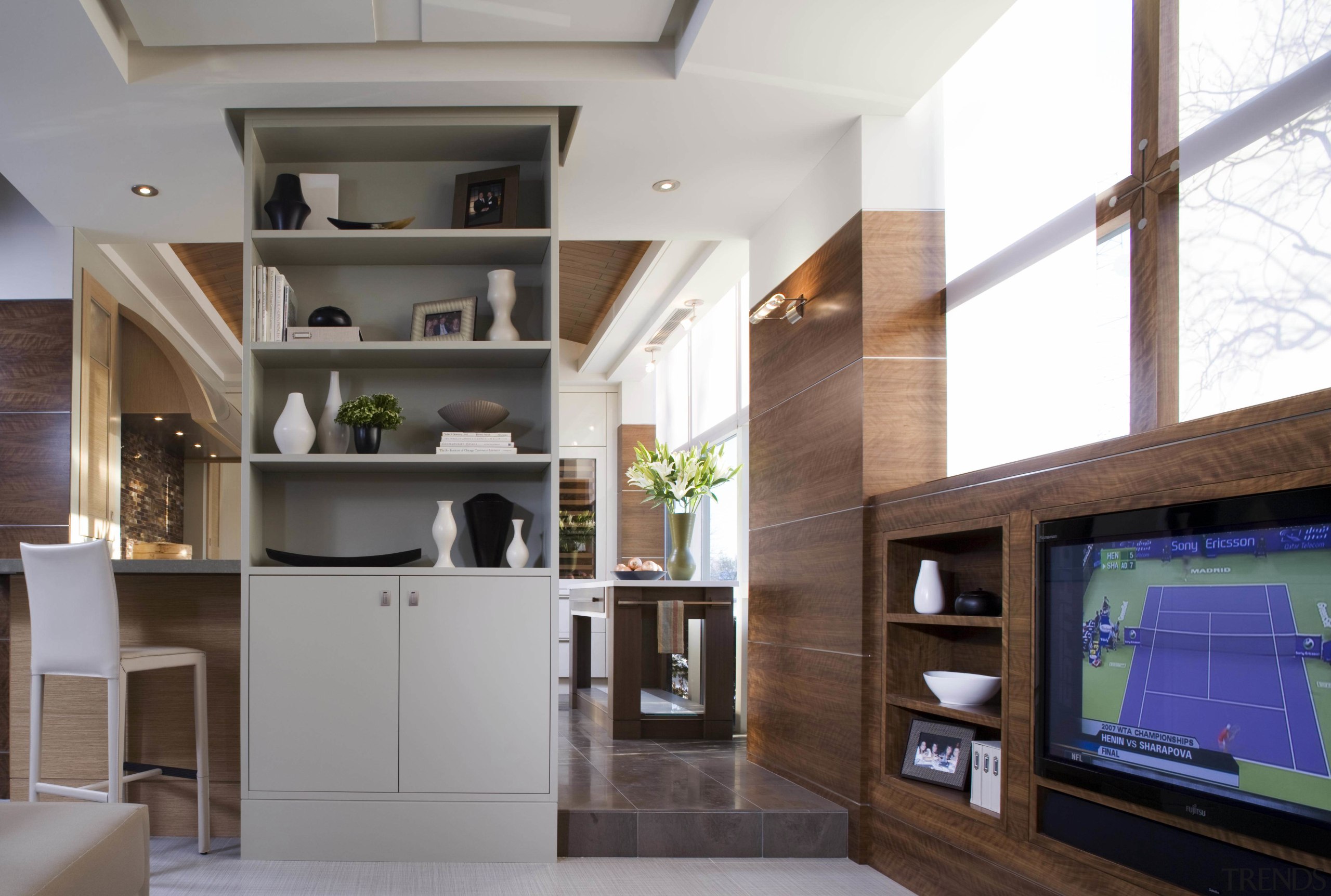 View of a kitchen designed and built by cabinetry, cuisine classique, furniture, interior design, interior designer, kitchen, living room, gray