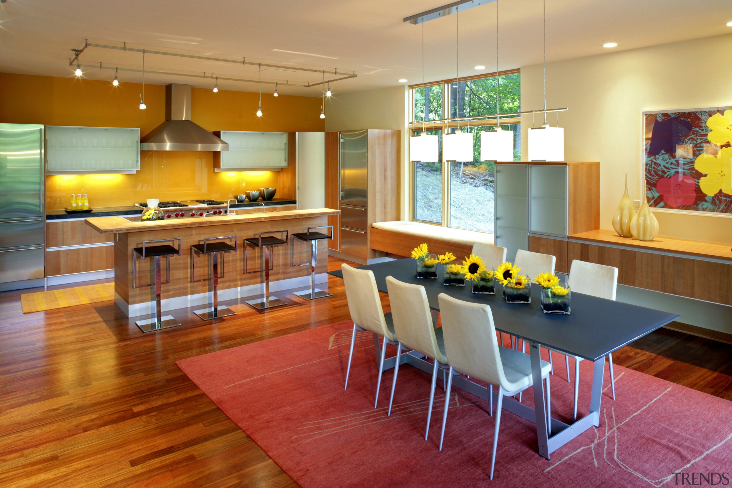 A view of a kitchen design by Valcucine dining room, interior design, kitchen, lobby, real estate, restaurant, room, table, orange, brown