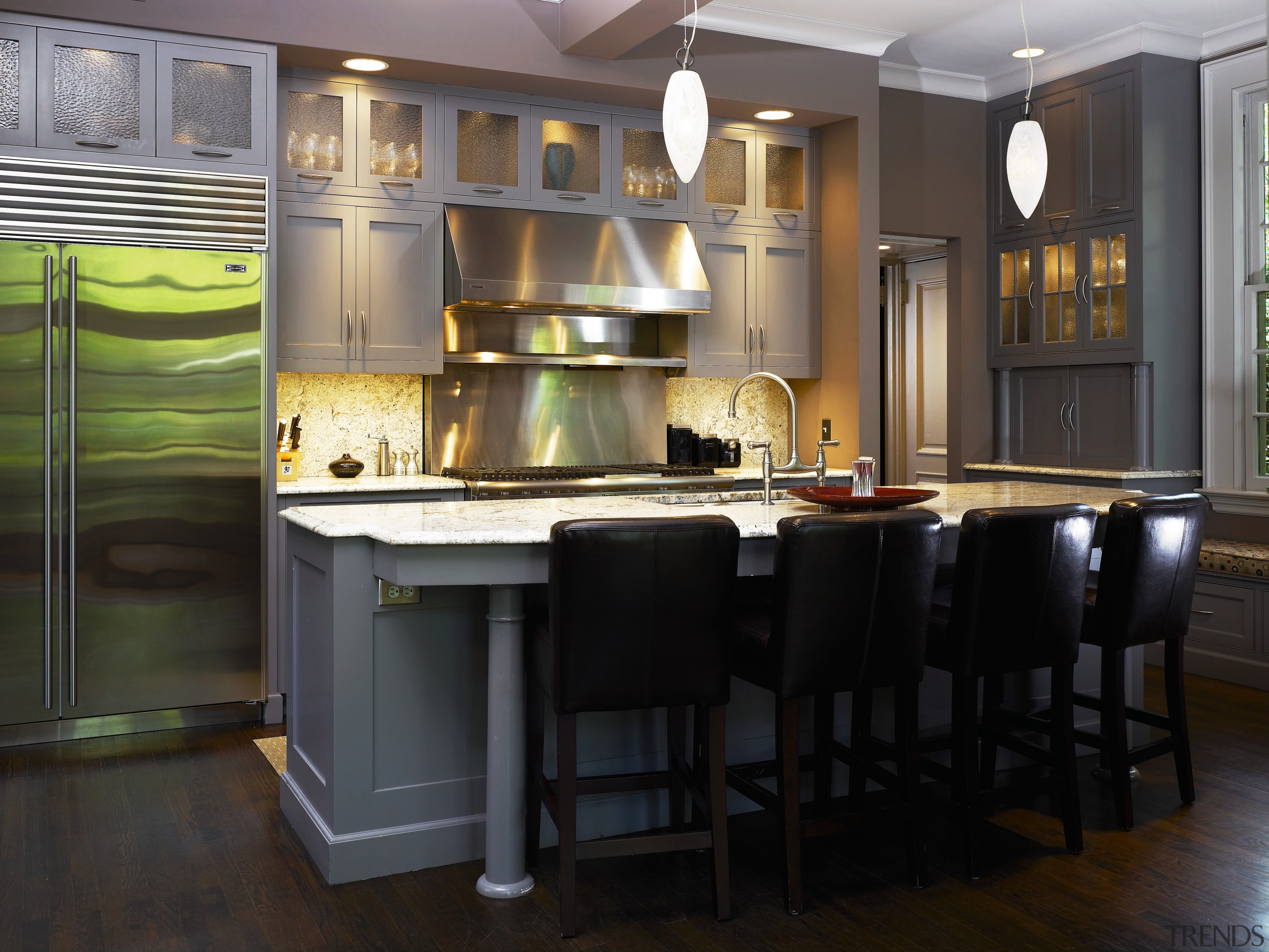 Three rooms were combined to create the kitchen. cabinetry, countertop, cuisine classique, dining room, interior design, kitchen, room, black