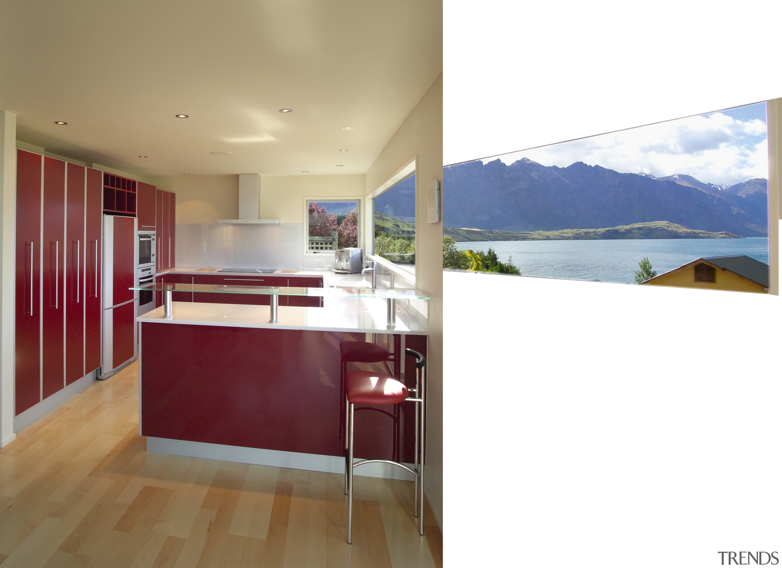 Kitchen with deep red cabinetry and silver toned architecture, floor, home, house, interior design, property, real estate, wall, window, white