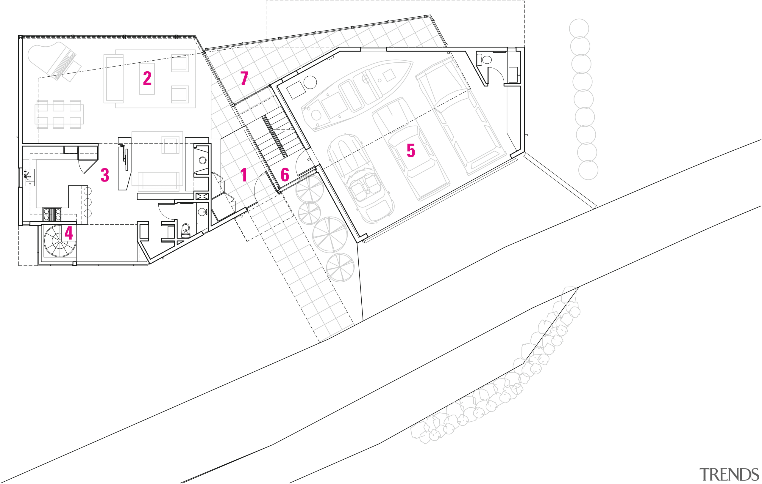 1 entrance, 2 great room, 3 kitchen, 4 angle, area, design, diagram, line, plan, product design, white