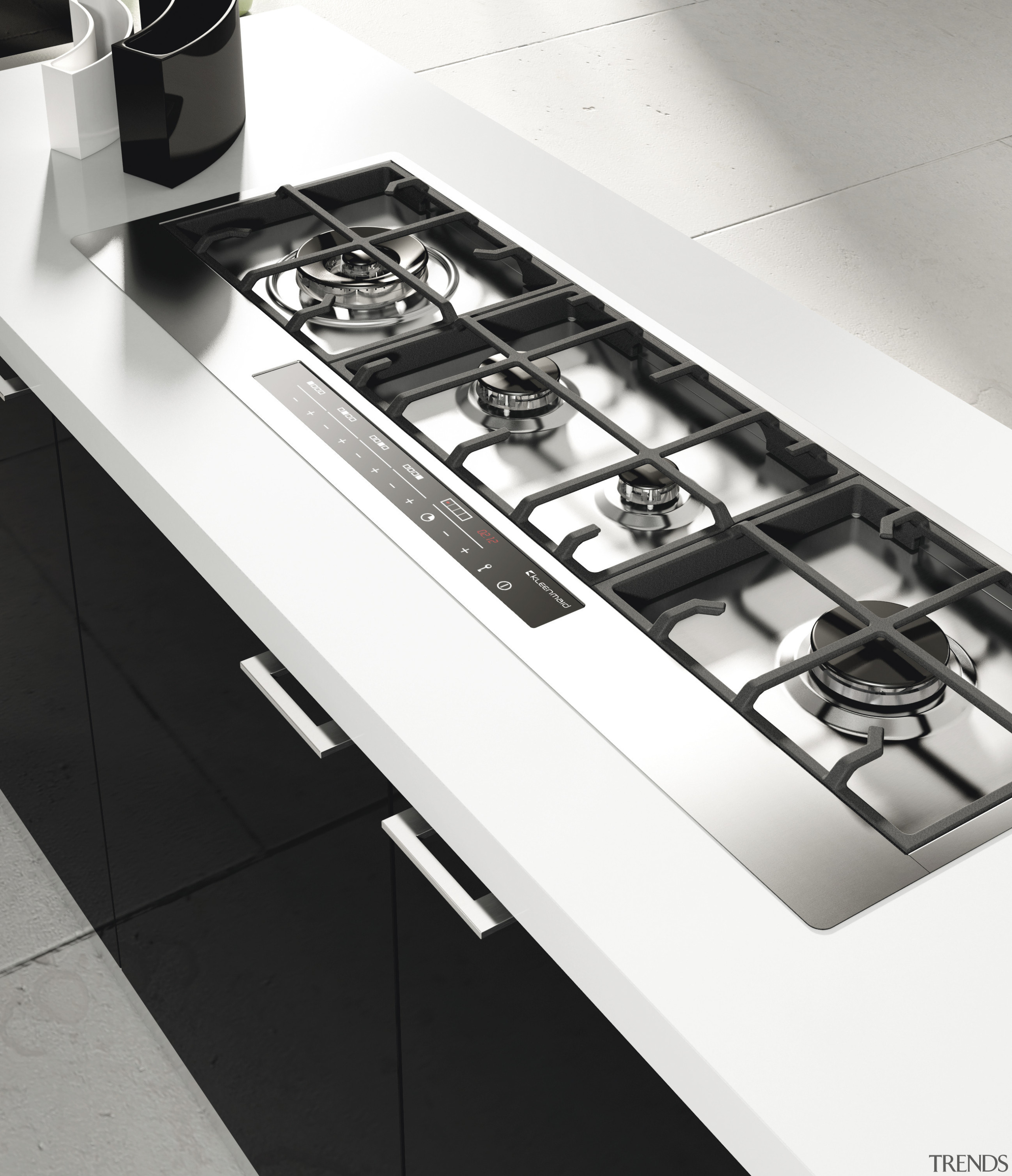 View of modern kitchen fitted with Kleenmaid appliances. black and white, countertop, furniture, gas stove, kitchen, kitchen stove, product design, sink, table, tap, white, black