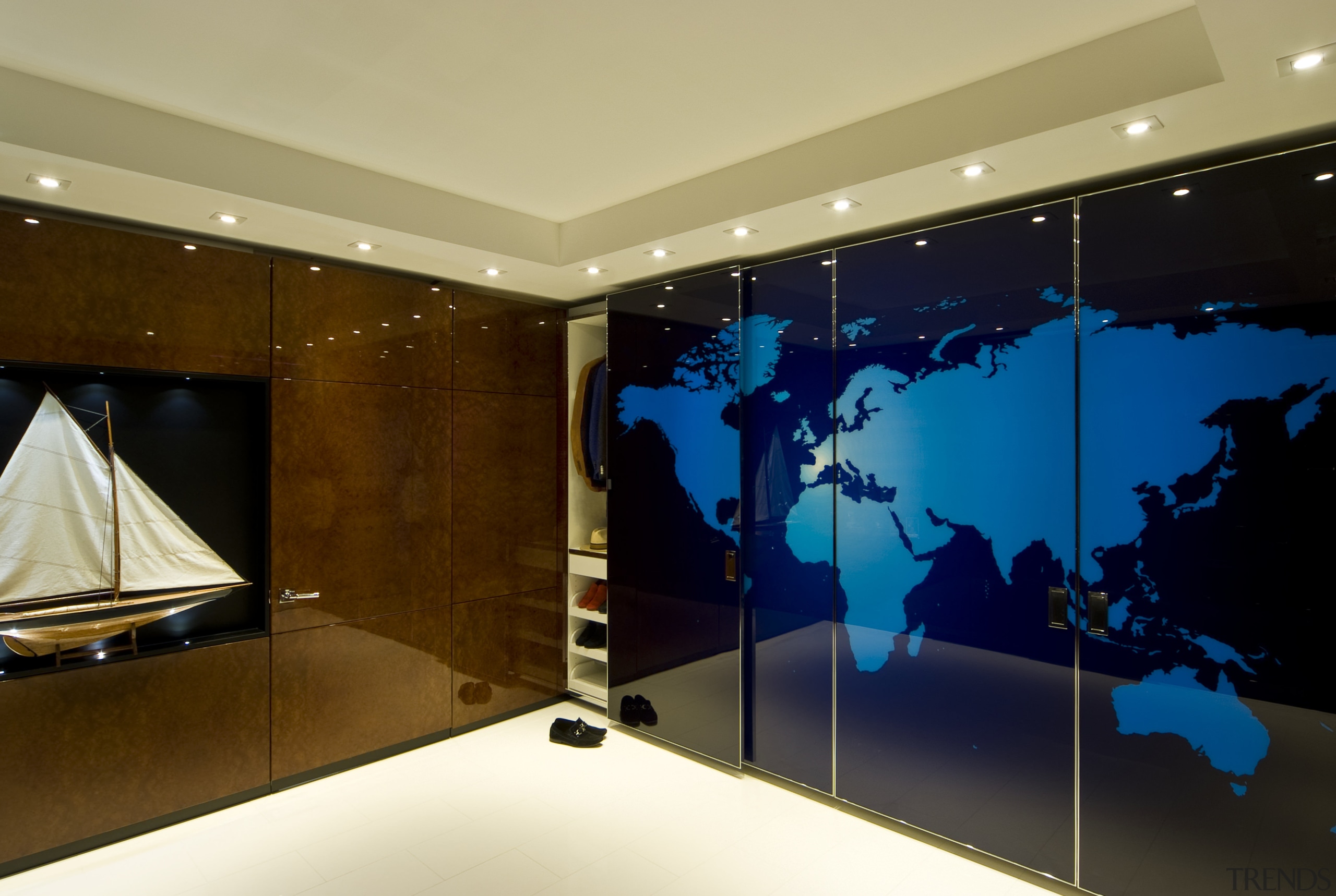 Decorative lacquered doors in the entry to this ceiling, interior design, wall, brown