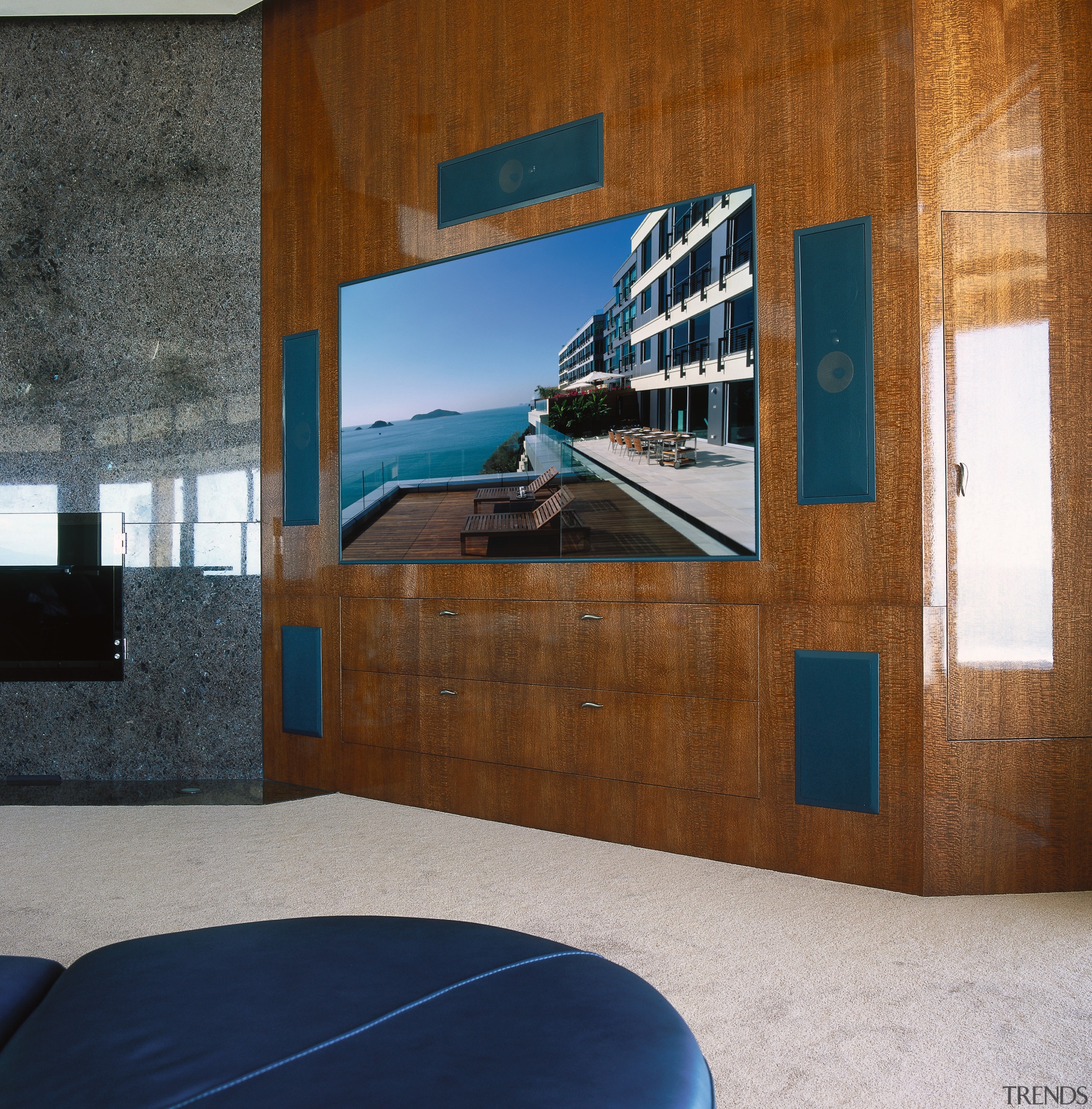 view of the tyro home theatre system showing architecture, furniture, interior design, wall, brown