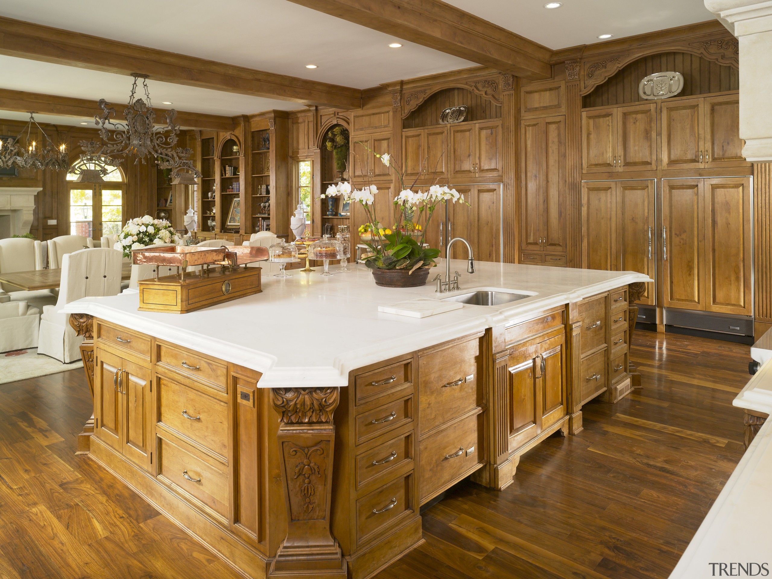 View of classical home &amp; kitchen - View cabinetry, countertop, cuisine classique, floor, flooring, furniture, hardwood, interior design, kitchen, room, wood, wood flooring, wood stain, brown