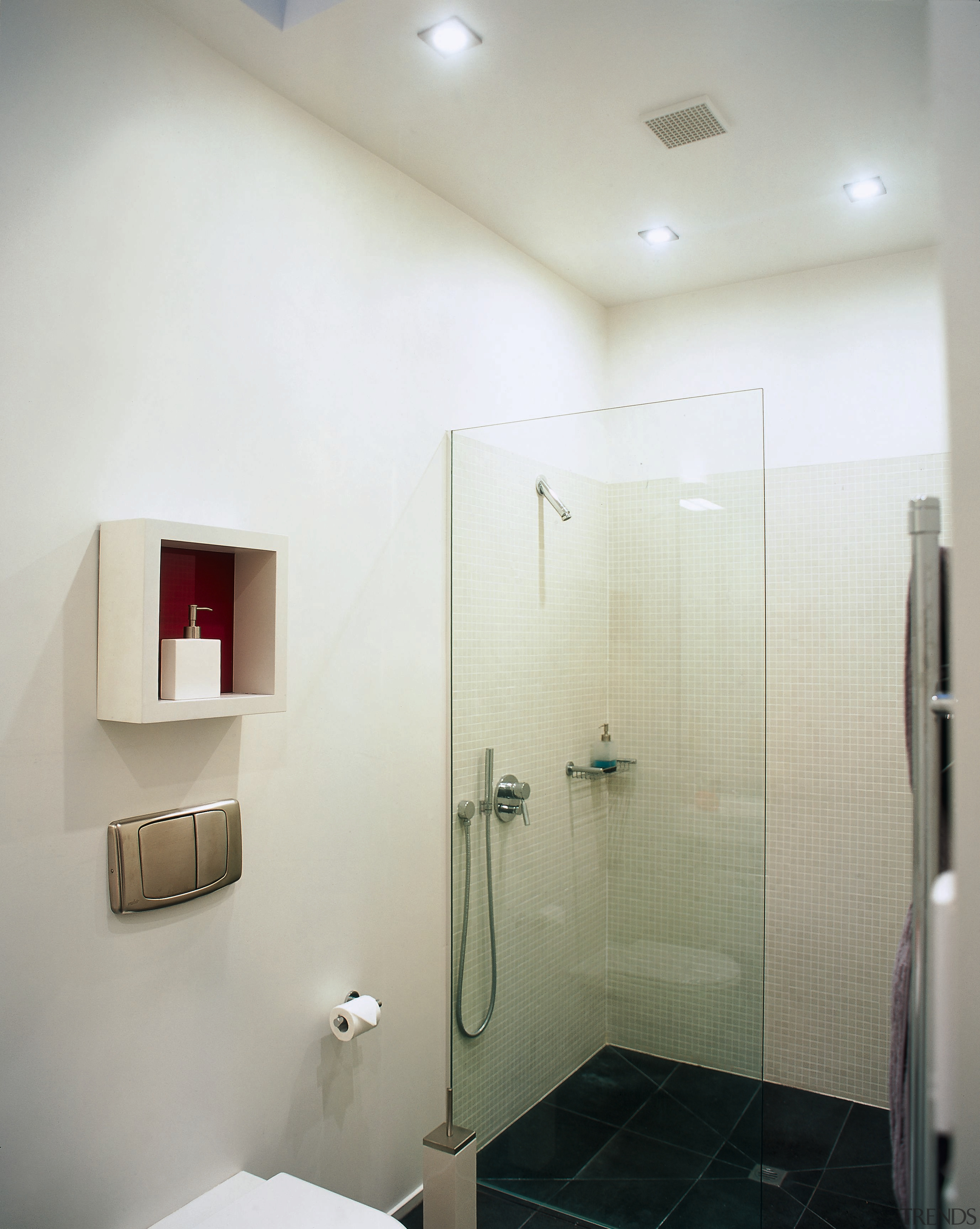 The view of a bathroom featuring  a bathroom, ceiling, daylighting, interior design, plumbing fixture, product design, room, white, gray