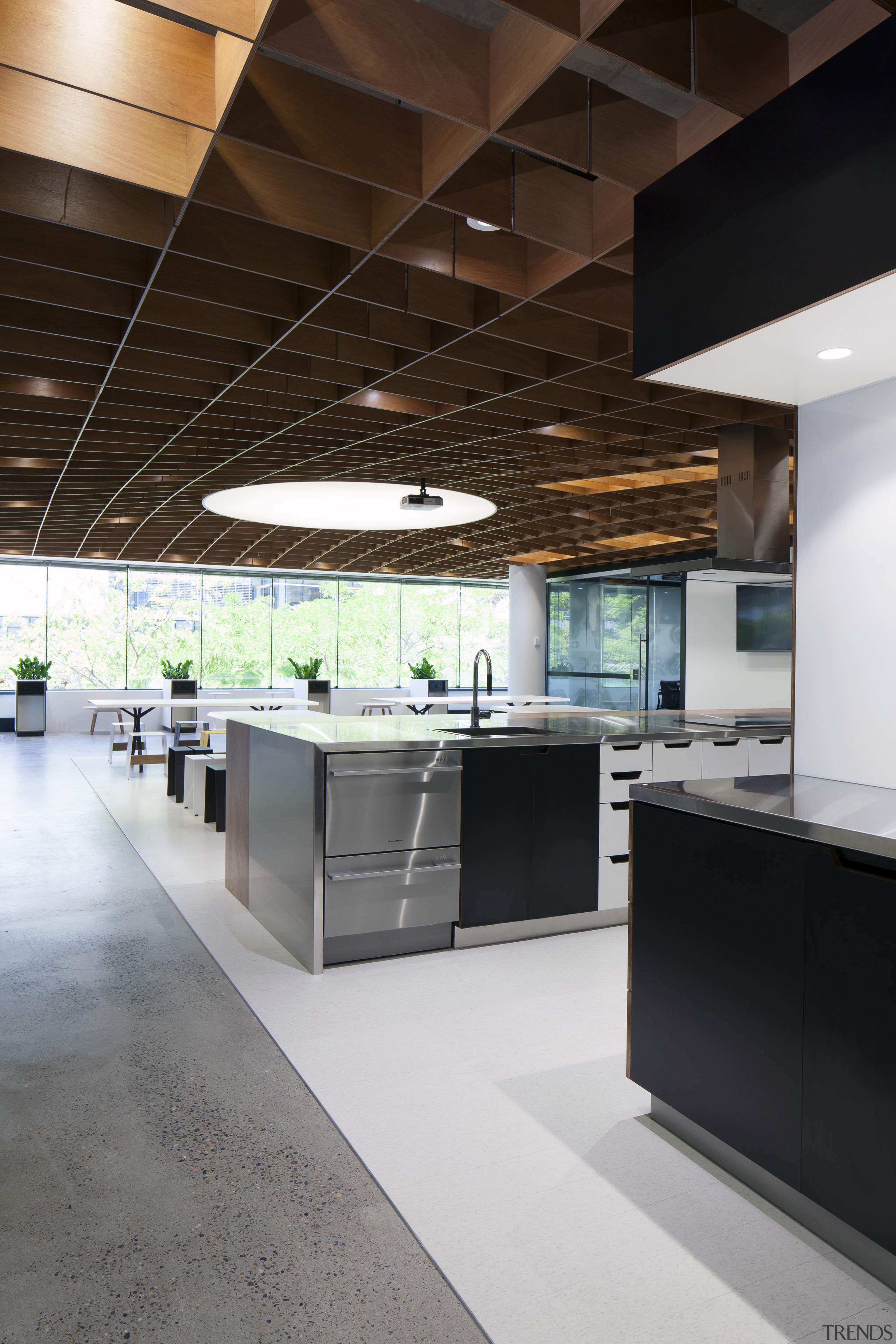 The Social Kitchen at the heart of the architecture, ceiling, countertop, interior design, kitchen, gray, brown