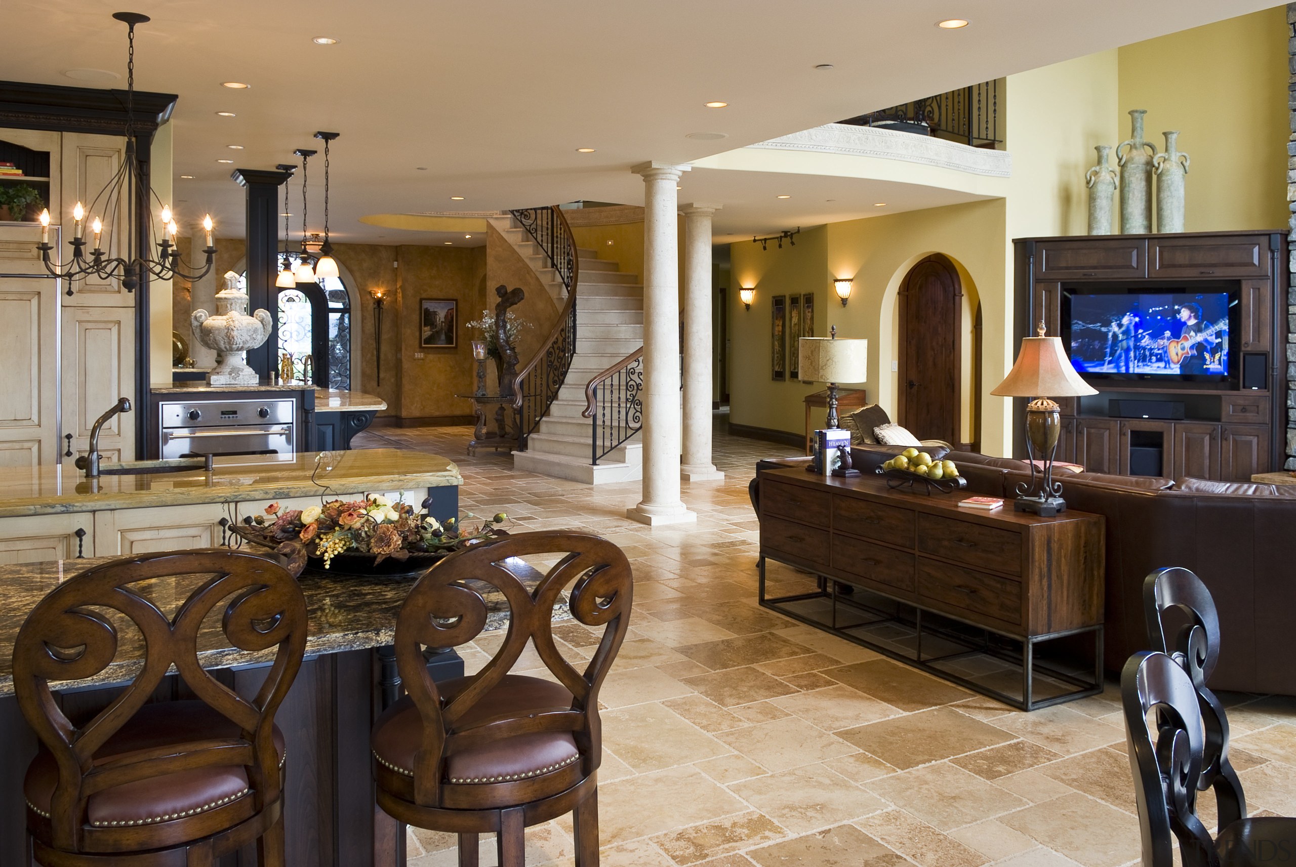 Image of stone countertop created by Fine Line home, interior design, living room, lobby, room, suite, brown, orange