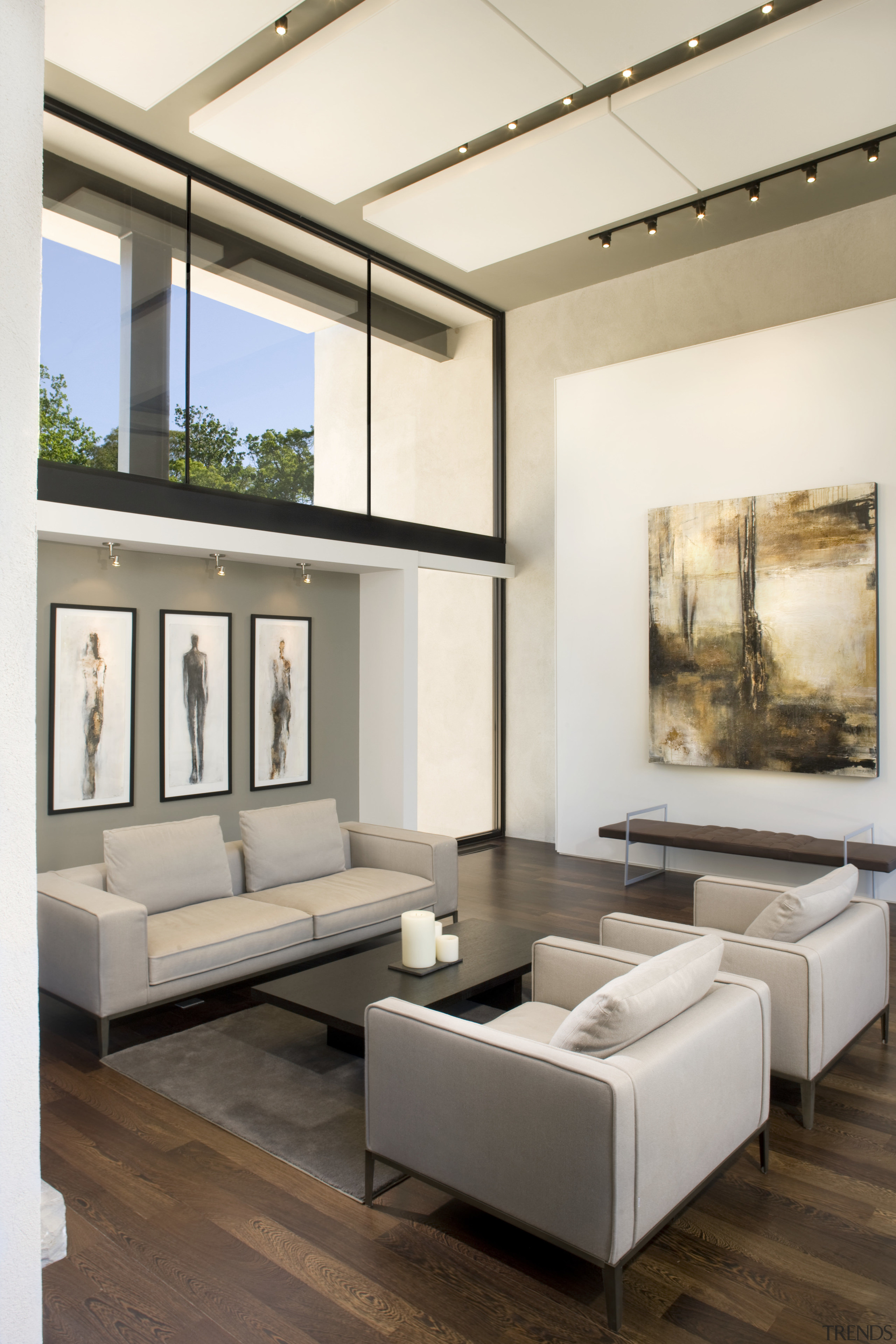 View of living area featuring Wenge Wood floors ceiling, coffee table, floor, flooring, furniture, interior design, living room, table, white