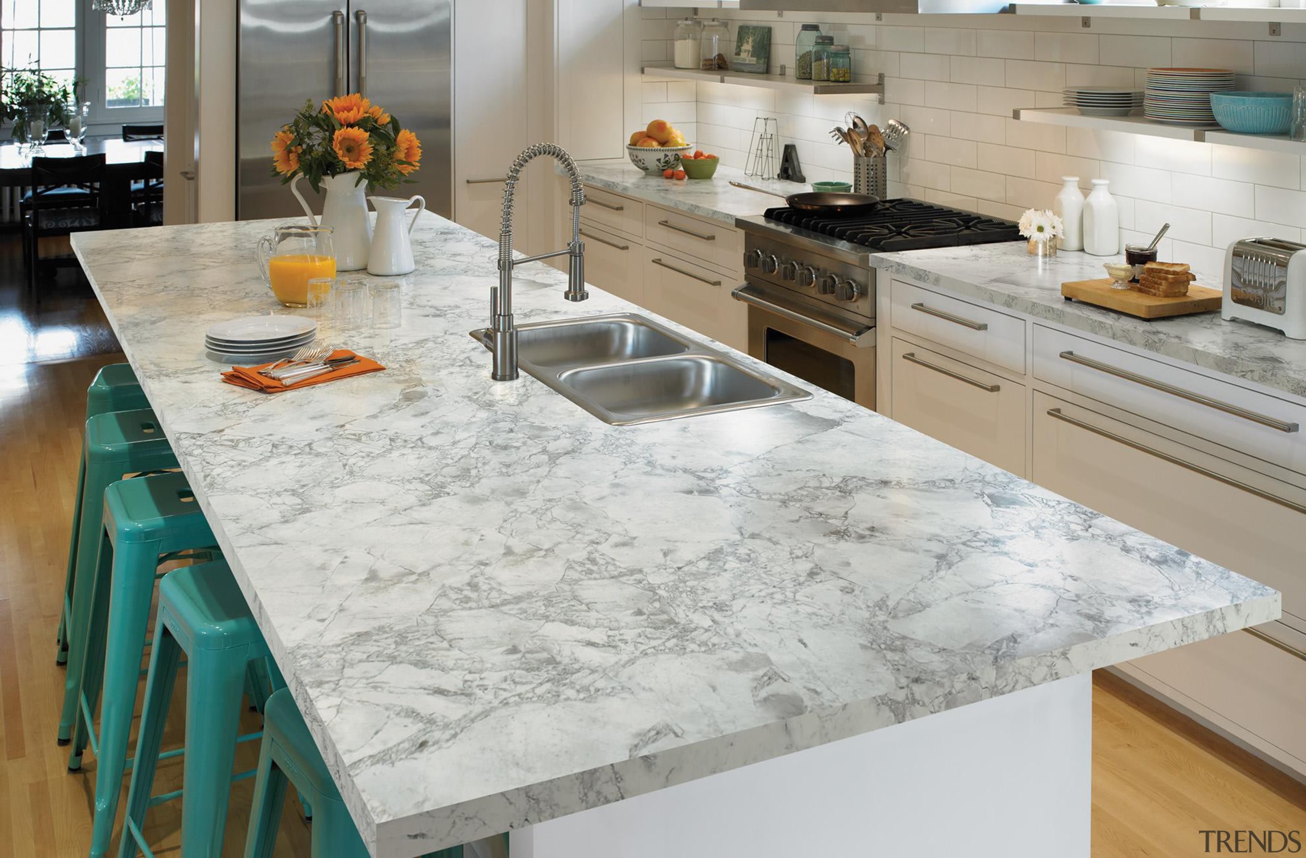 Clean and classic, Bianca Luna quartzite is distinguished countertop, floor, flooring, granite, kitchen, table, gray