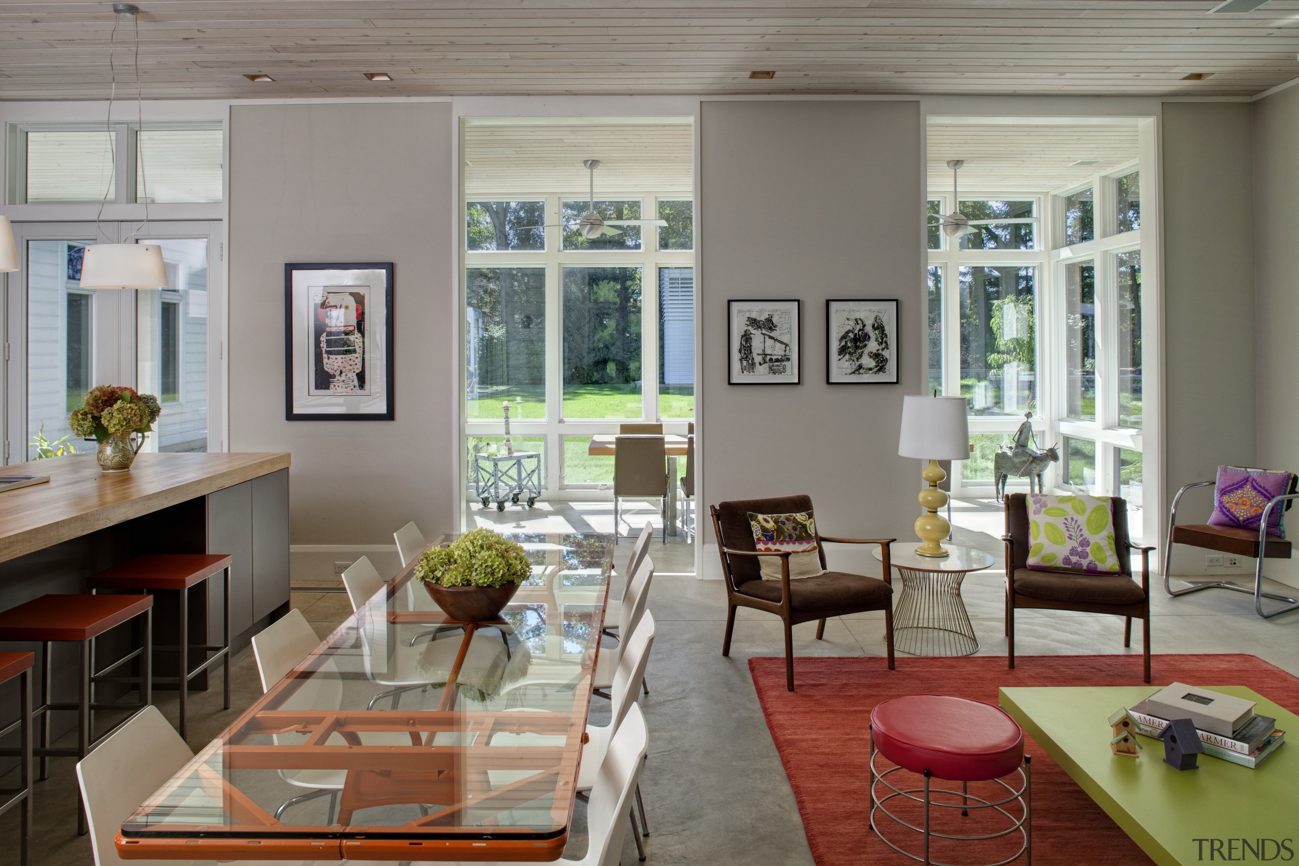 View of home with self-contained unit above garage, dining room, furniture, home, house, interior design, living room, real estate, room, table, window, gray