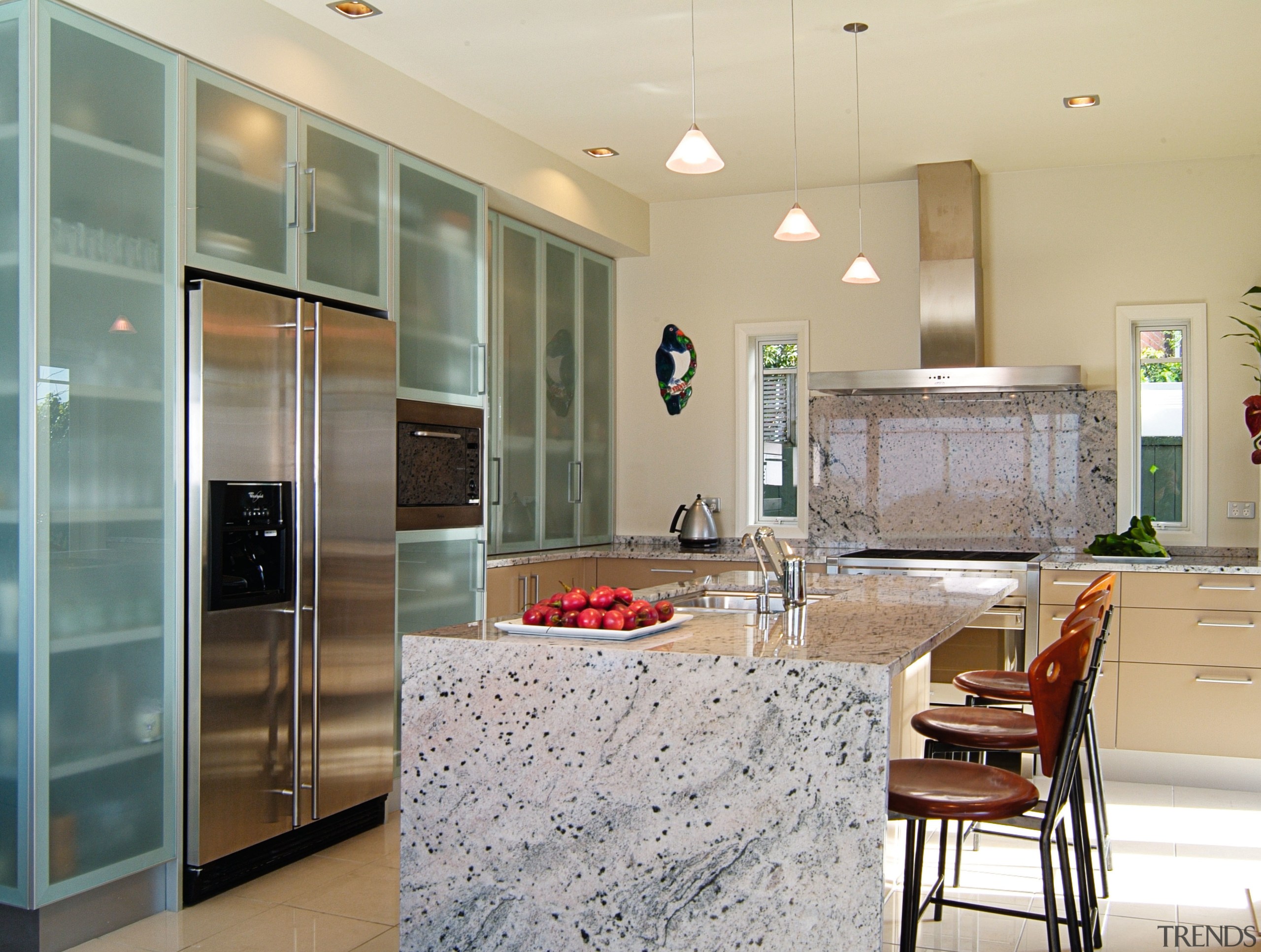 Kitchen with granite type benchtop and island, bar cabinetry, countertop, cuisine classique, floor, interior design, kitchen, living room, real estate, room, gray