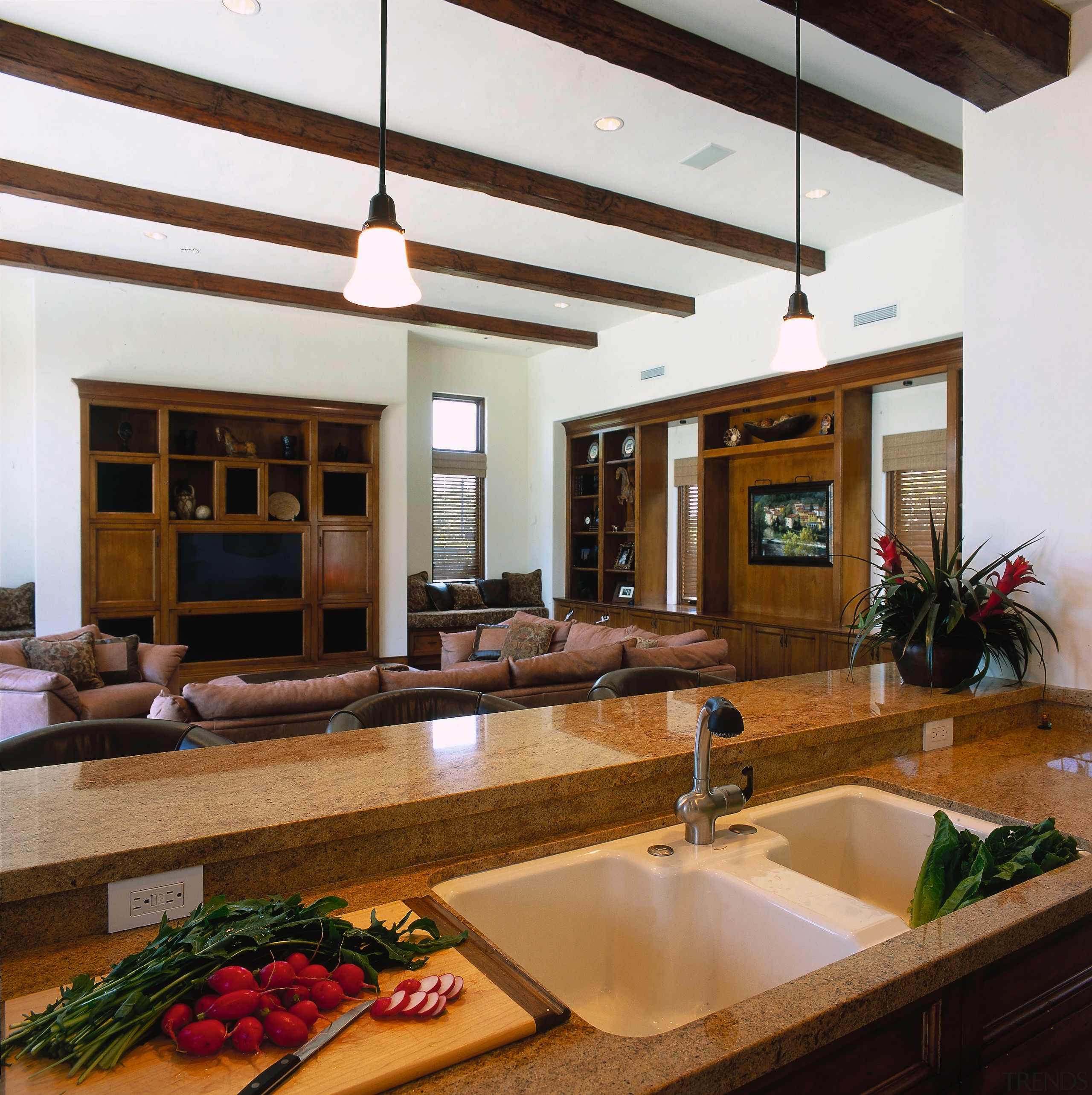 The living area, viewed from the kitchen - countertop, interior design, living room, real estate, white, brown