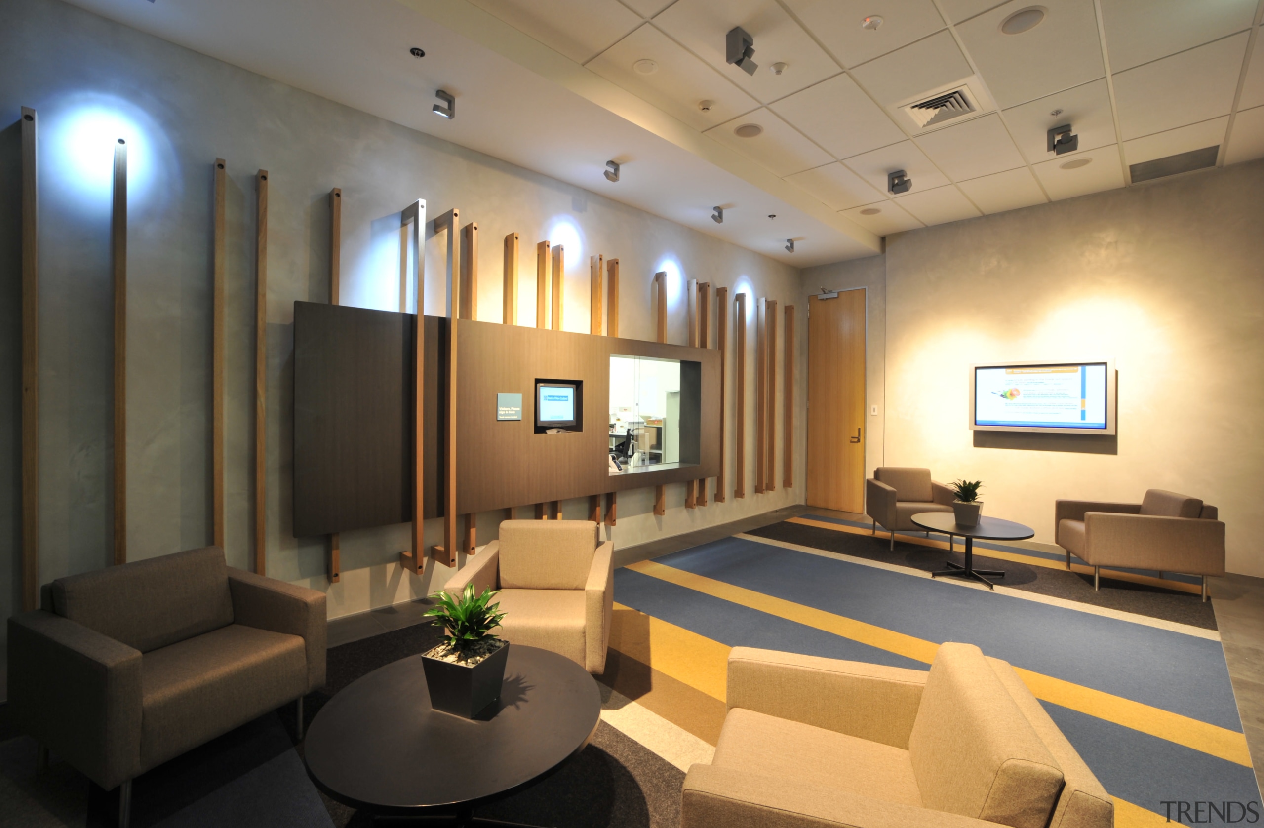 The BNZ has many waiting rooms located around ceiling, conference hall, interior design, living room, lobby, real estate, room