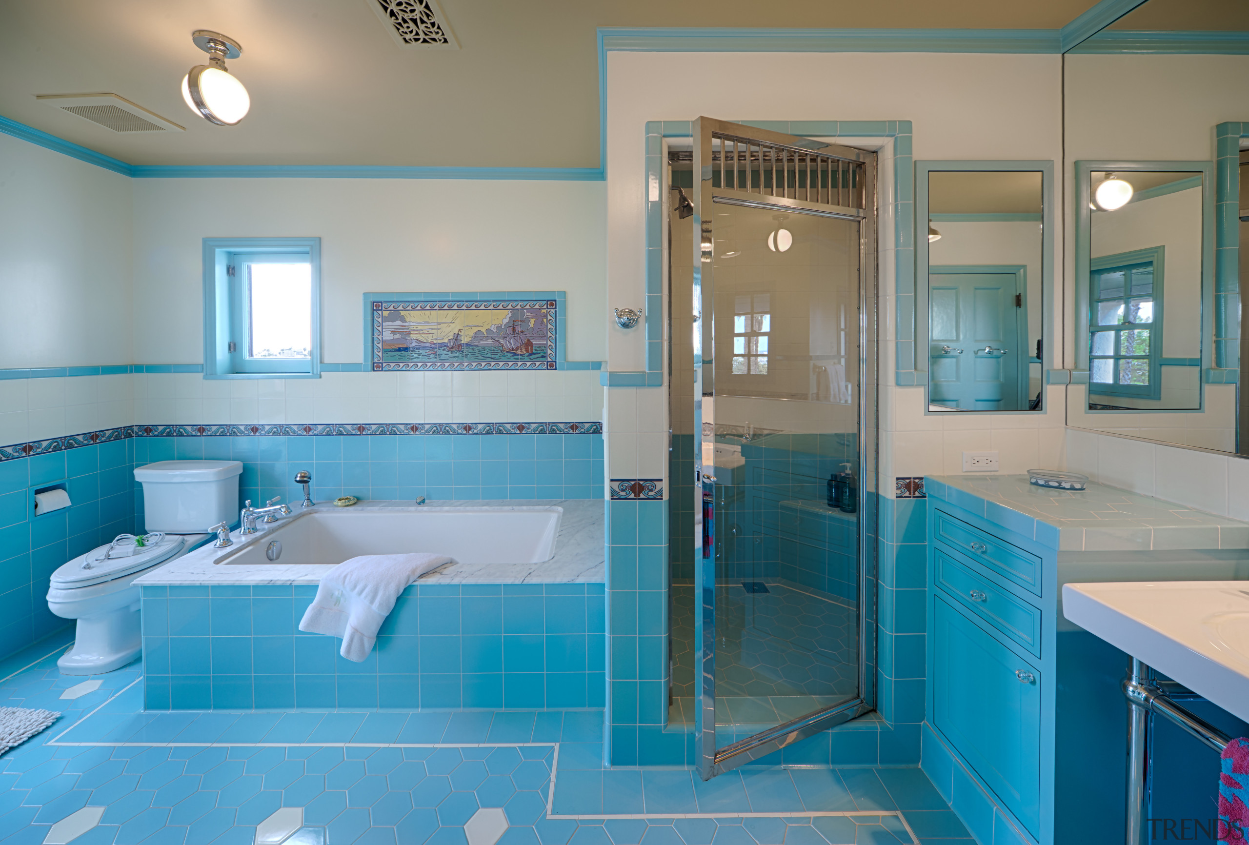 Mouldings and window frames are painted in the bathroom, blue, estate, floor, home, interior design, leisure centre, property, real estate, room, teal, gray