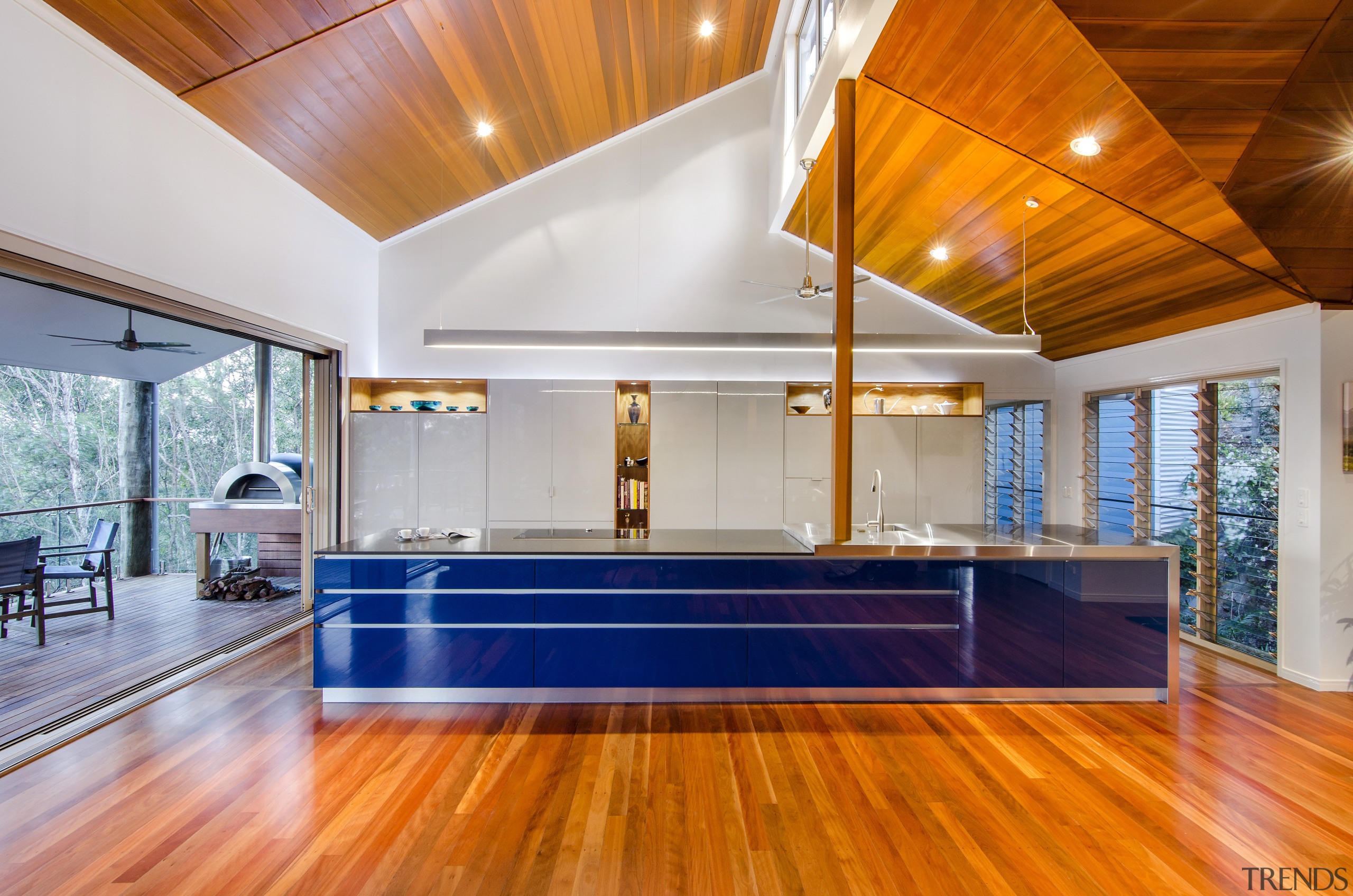 This kitchen was designed by Kim Duffin of architecture, ceiling, daylighting, estate, floor, flooring, hardwood, home, house, interior design, lighting, living room, property, real estate, room, wood, wood flooring, gray, orange