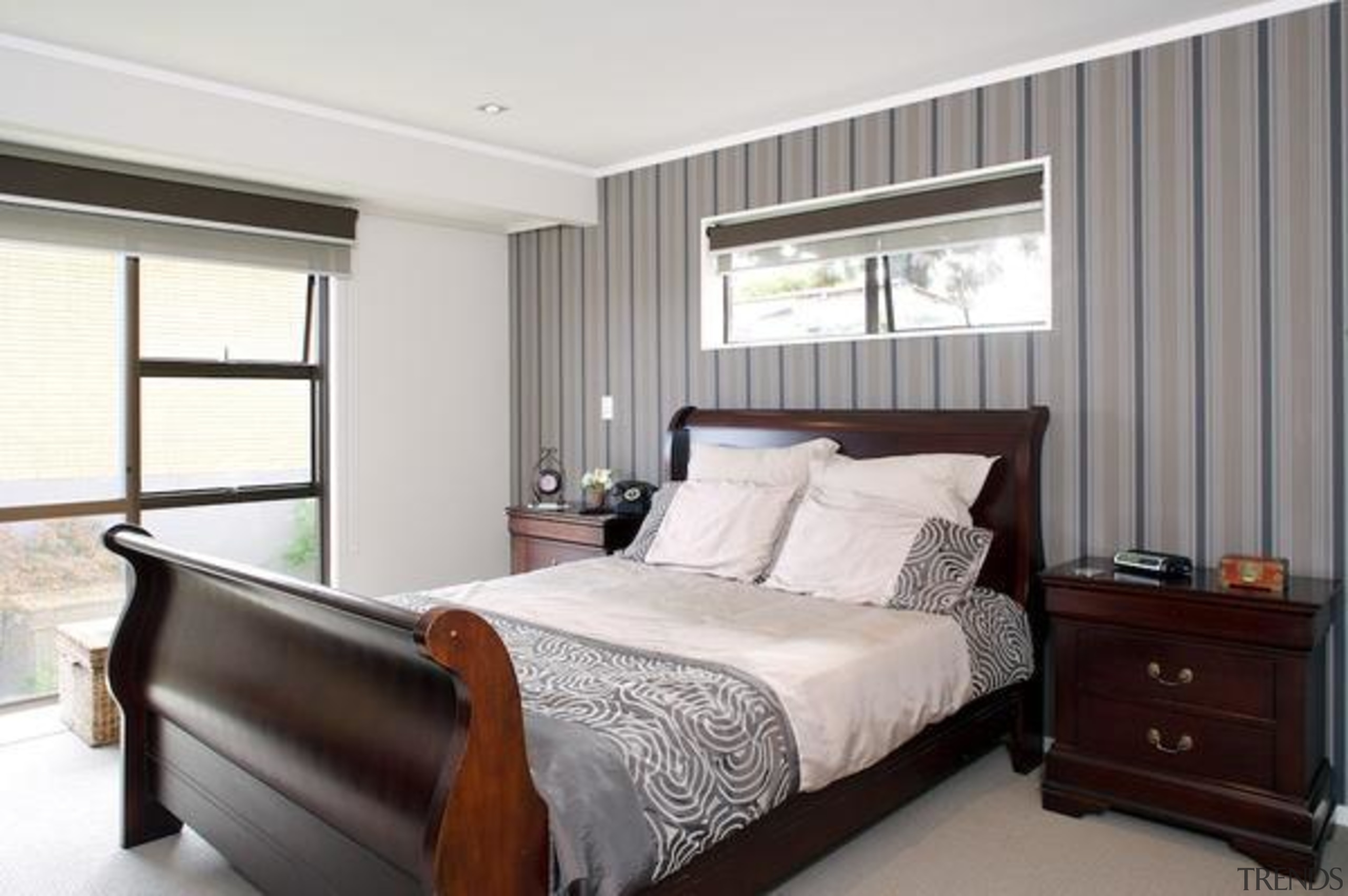 Stripes A Perennial Favourite - bed frame | bed frame, bedroom, ceiling, home, interior design, property, real estate, room, window, window covering, window treatment, white, gray