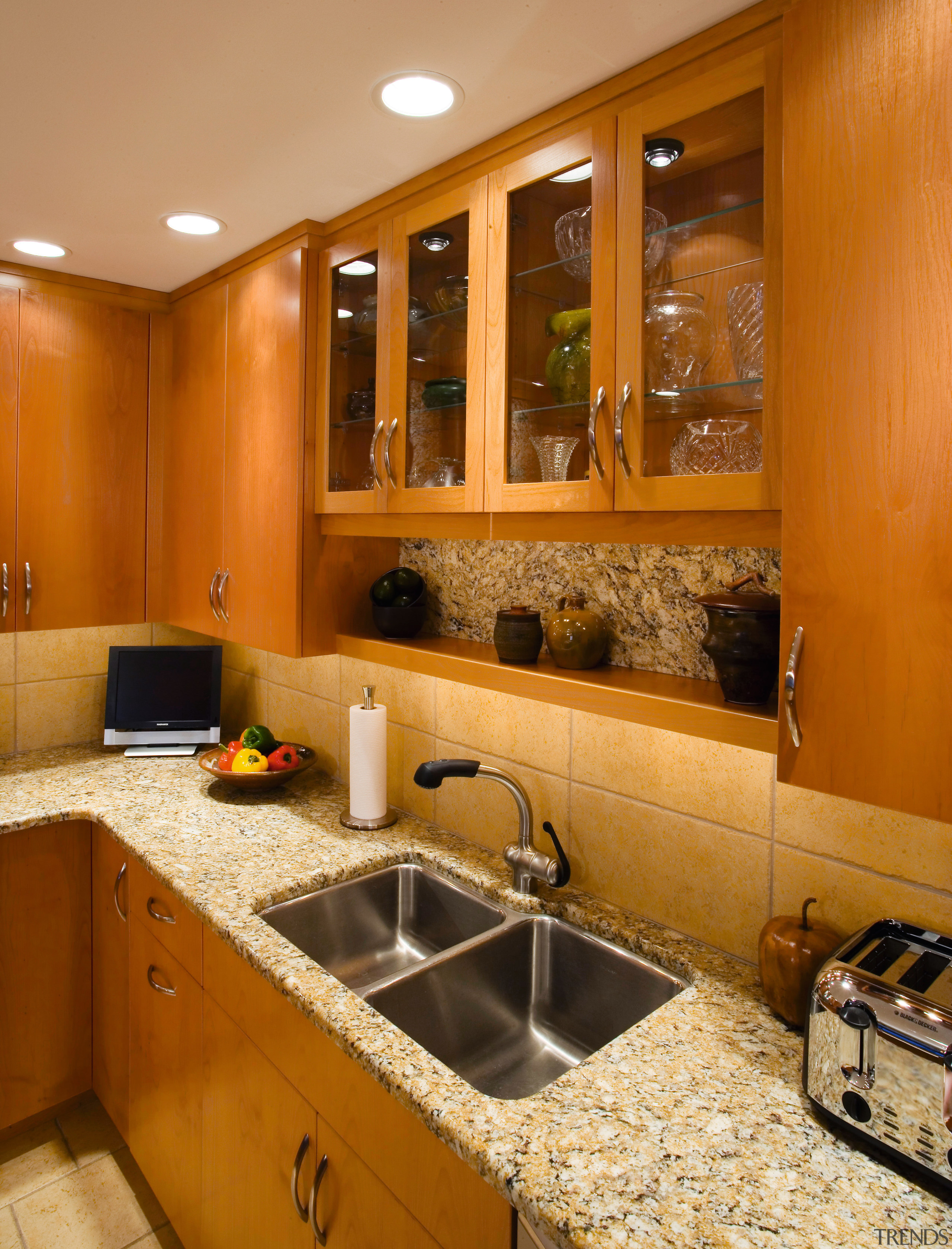 A view of frameless cabinets in alder, with cabinetry, countertop, cuisine classique, interior design, kitchen, room, under cabinet lighting, brown, orange