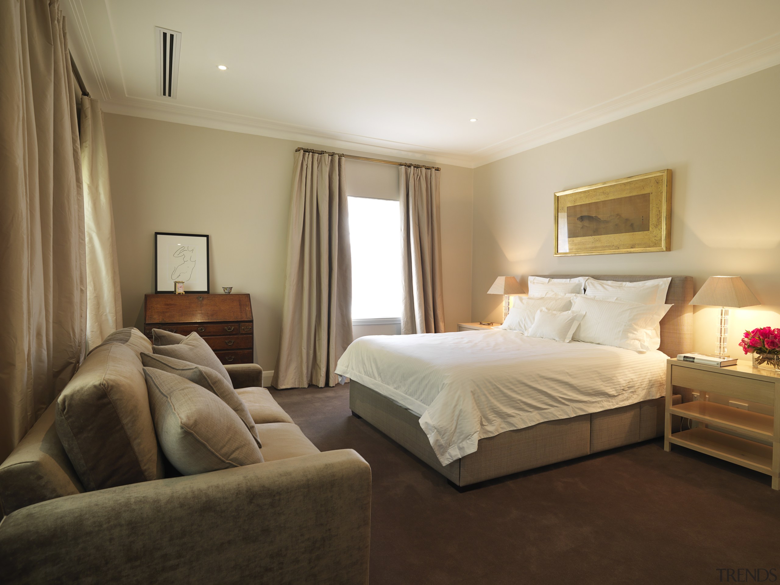 View of interior paints by PPG paint systems bed frame, bedroom, ceiling, estate, floor, home, hotel, interior design, property, real estate, room, suite, window, brown, gray