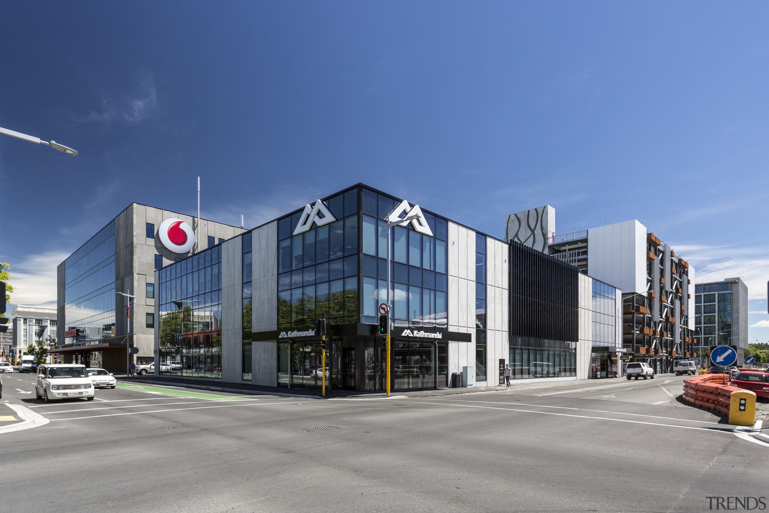New buildings for Vodafone and Kathmandu, a new architecture, building, commercial building, corporate headquarters, headquarters, metropolitan area, mixed use, real estate, sky, gray, teal