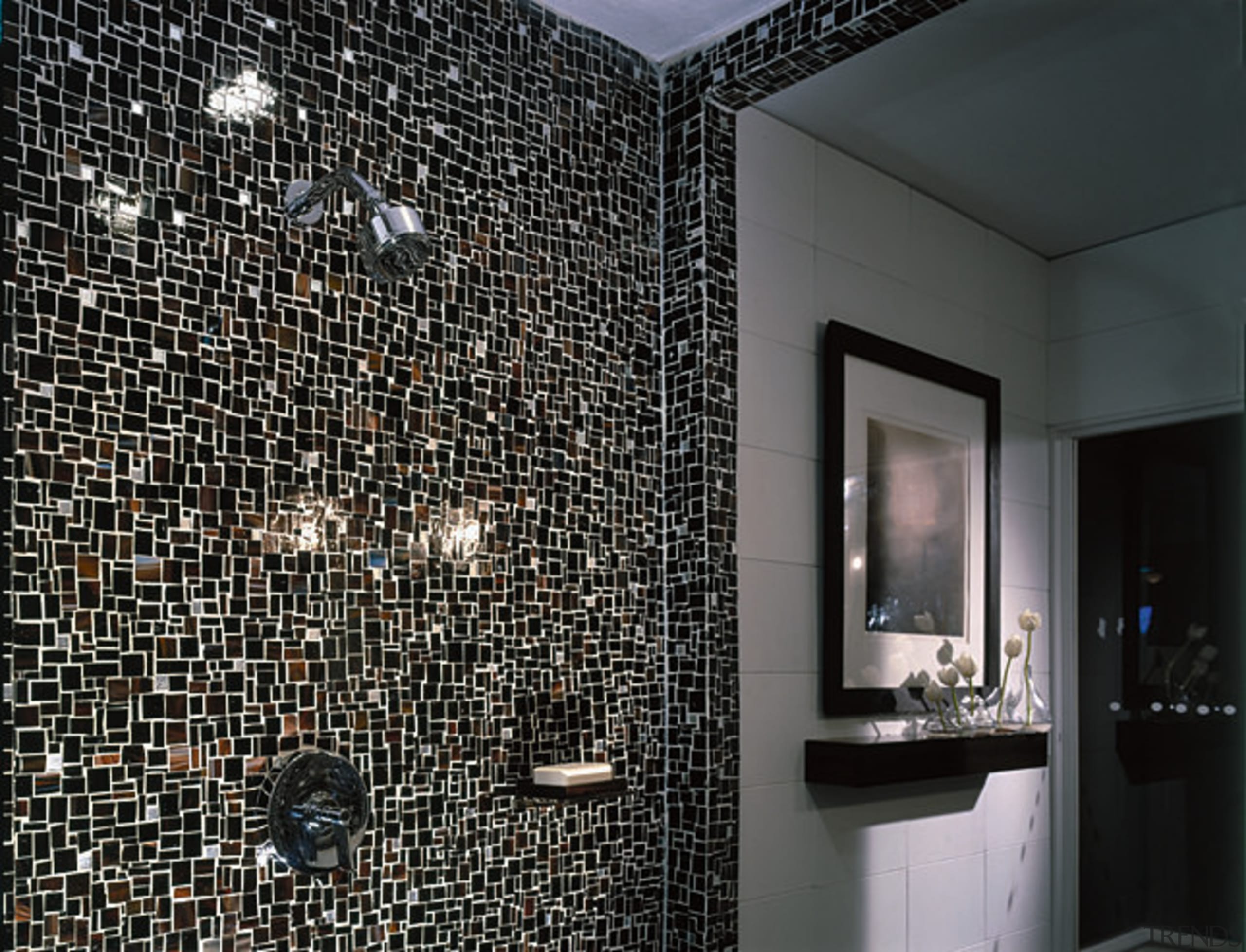 View of the bathroom tiling - View of ceiling, flooring, glass, interior design, room, tile, wall, black