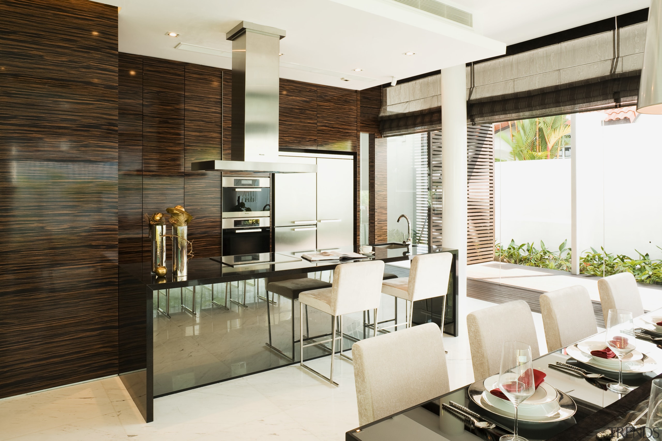 Image with view of kitchen which has used interior design, white, brown