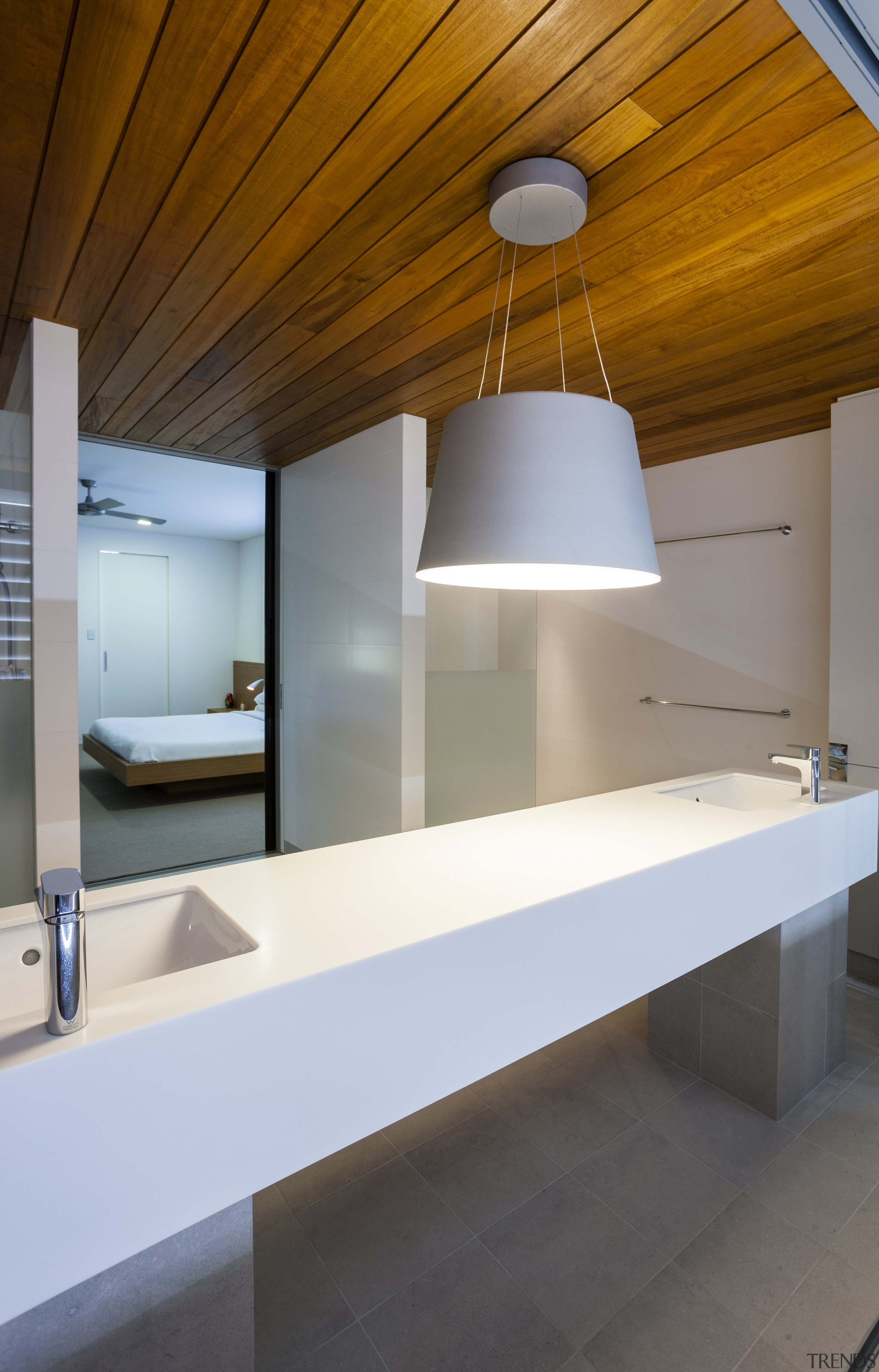 His-and-hers basins are positioned at either end of architecture, ceiling, countertop, daylighting, house, interior design, product design, table, gray, brown