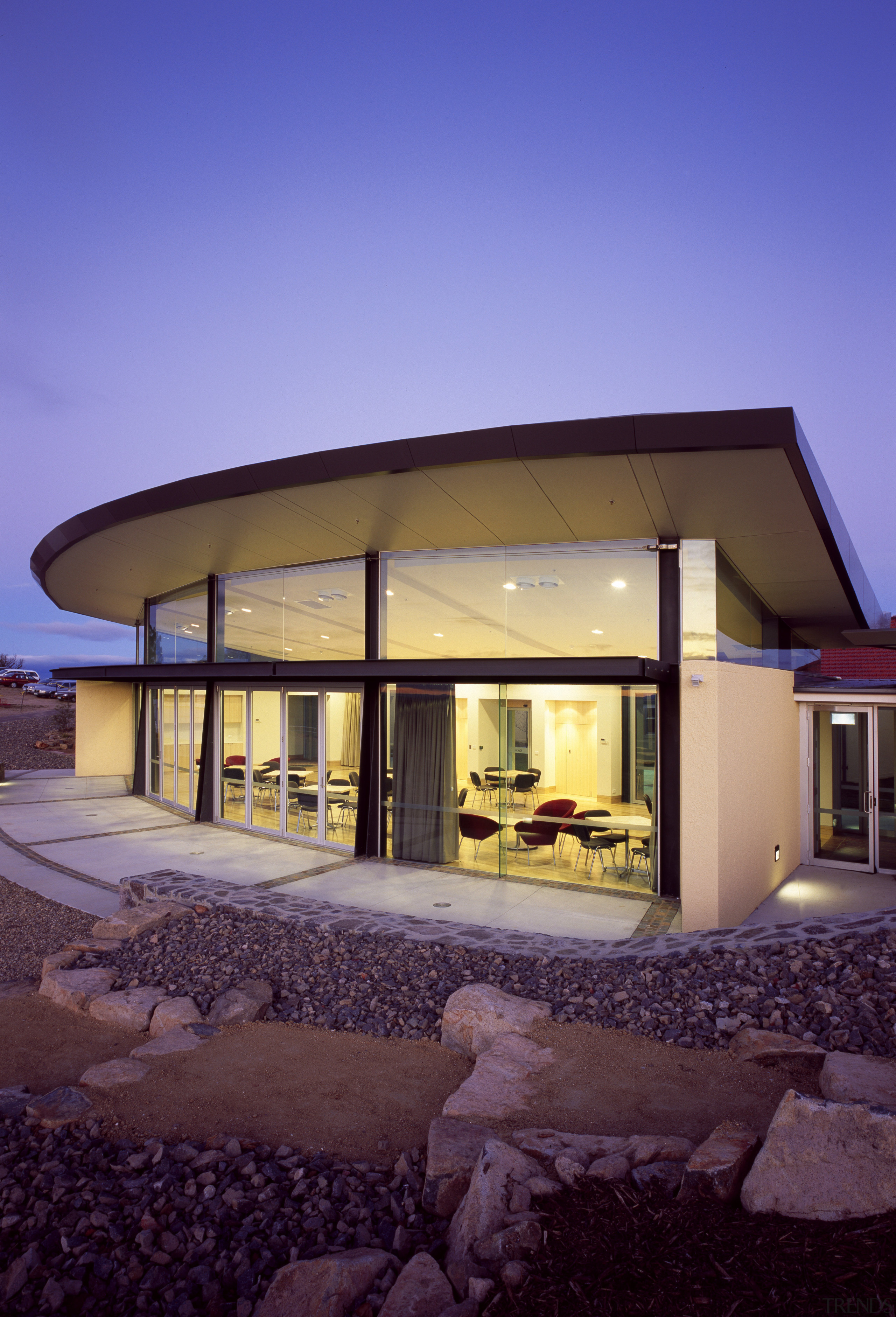 Exterior view of the observatory which features steel architecture, estate, facade, home, house, lighting, property, real estate, residential area, sky, window, blue