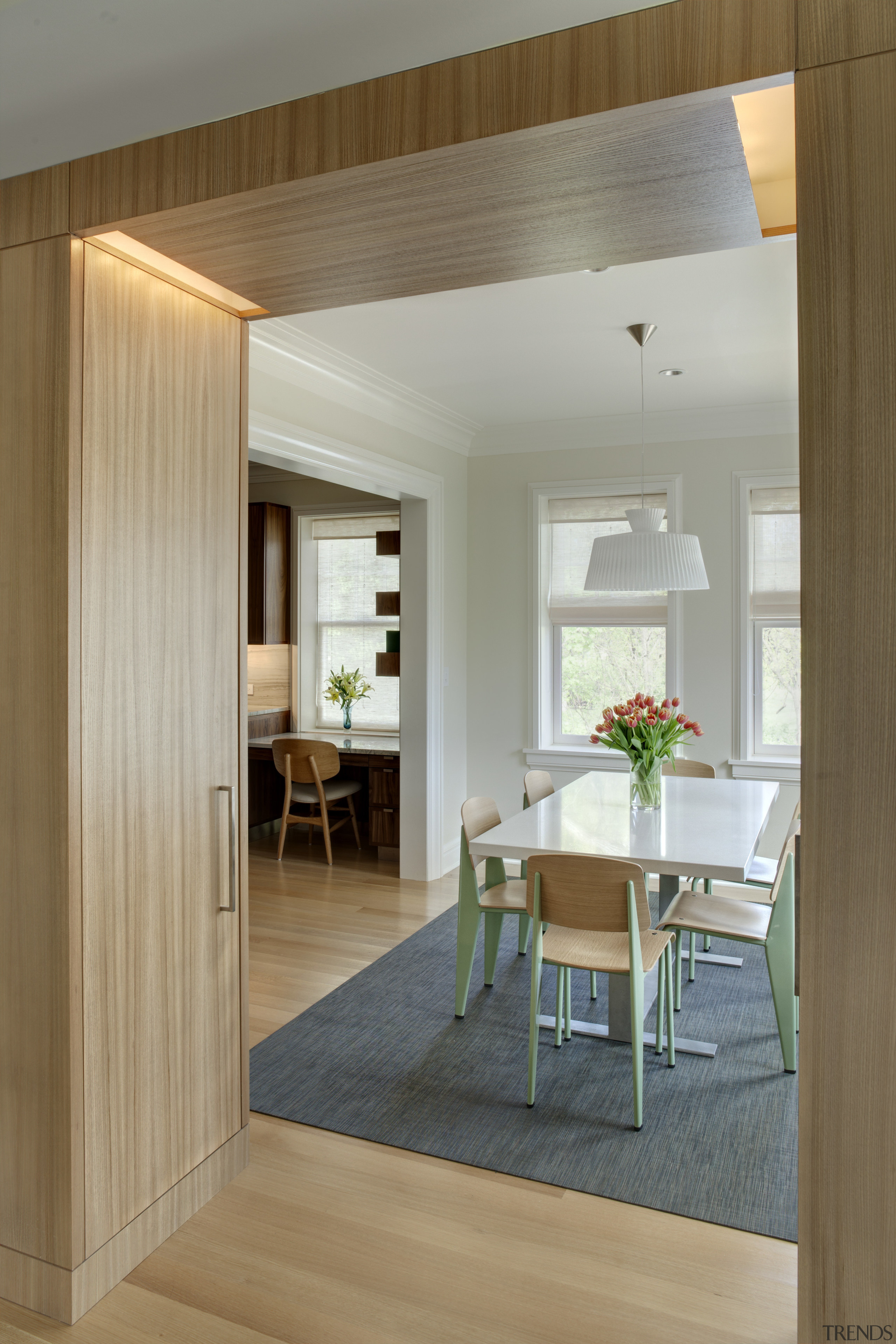 Casual dining in classic house with modern insertions architecture, ceiling, door, floor, flooring, hardwood, home, house, interior design, laminate flooring, wood, wood flooring, gray, brown