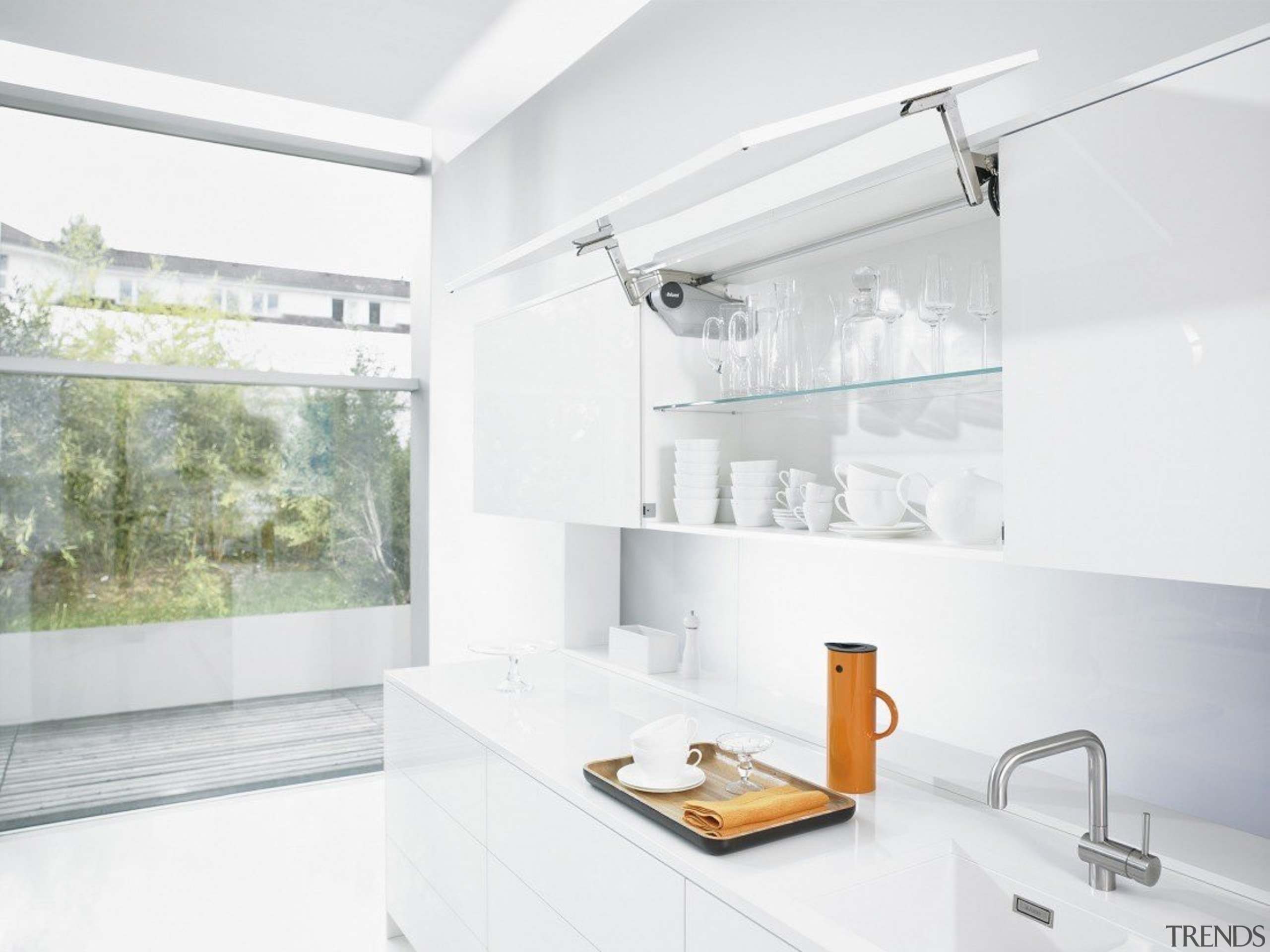 Up & Over Lift System - AVENTOS HS bathroom, interior design, kitchen, sink, tap, white