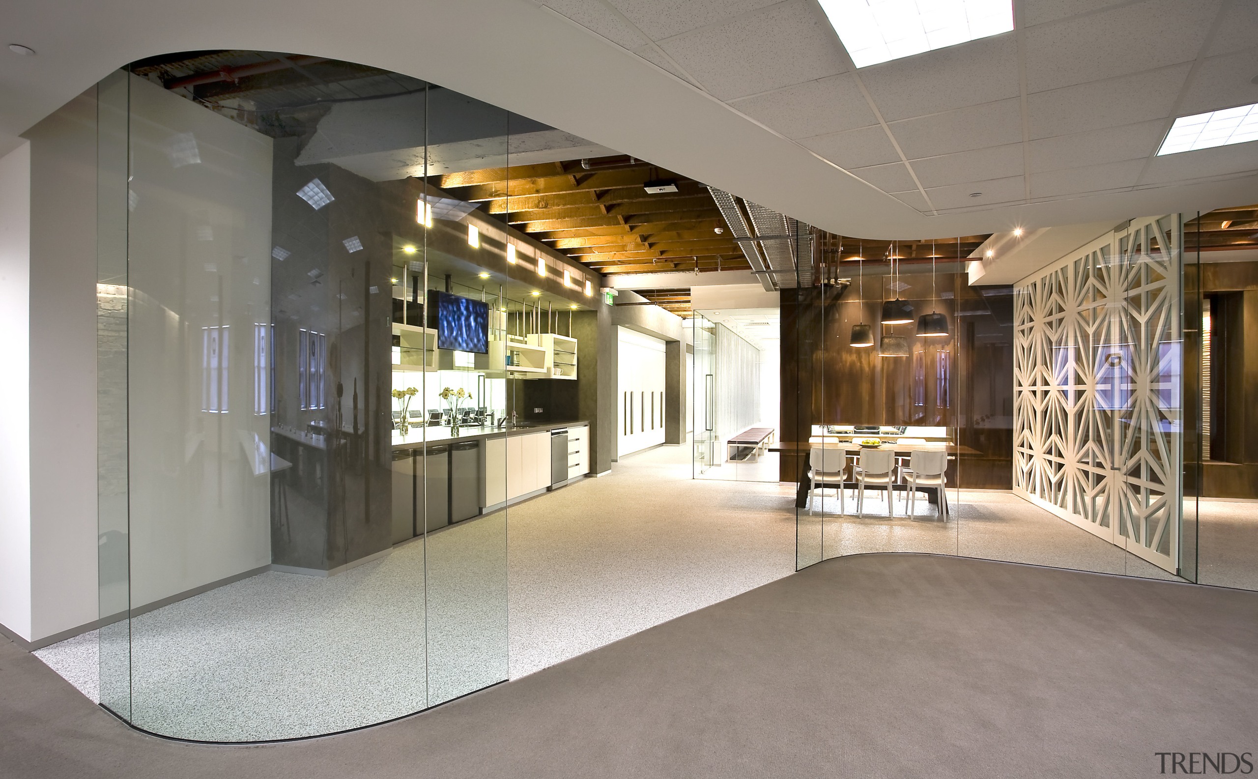 Interior view of offices where the interior fit-out ceiling, floor, interior design, lobby, gray