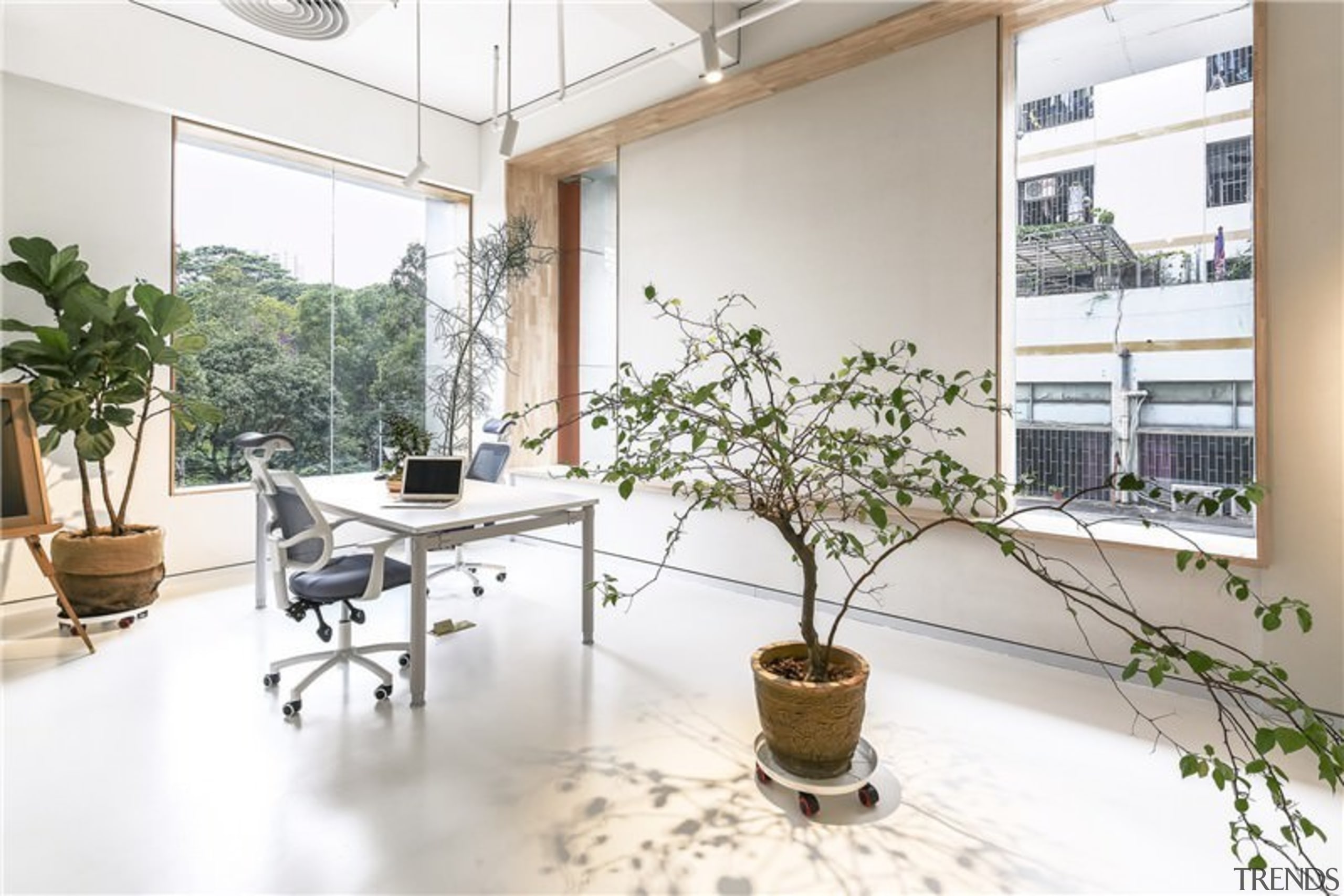 This office has large windows looking out to furniture, home, interior design, real estate, table, white