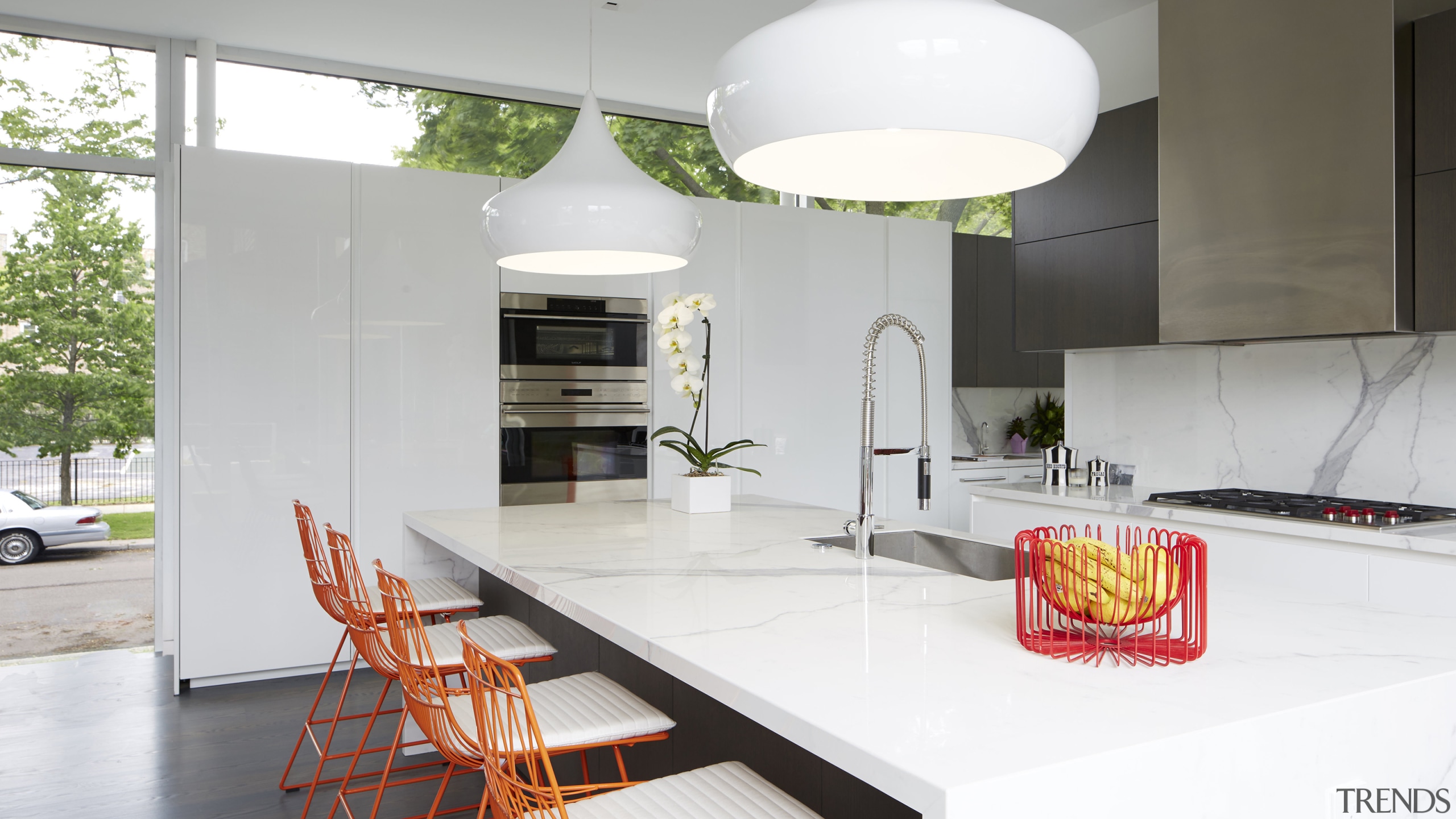 Strategic positioning of a side wall of cabinetry architecture, building, cabinetry, ceiling, countertop, design, dining room, floor, flooring, furniture, home, house, interior design, kitchen, light fixture, lighting, loft, material property, orange, property, real estate, room, table, white, gray