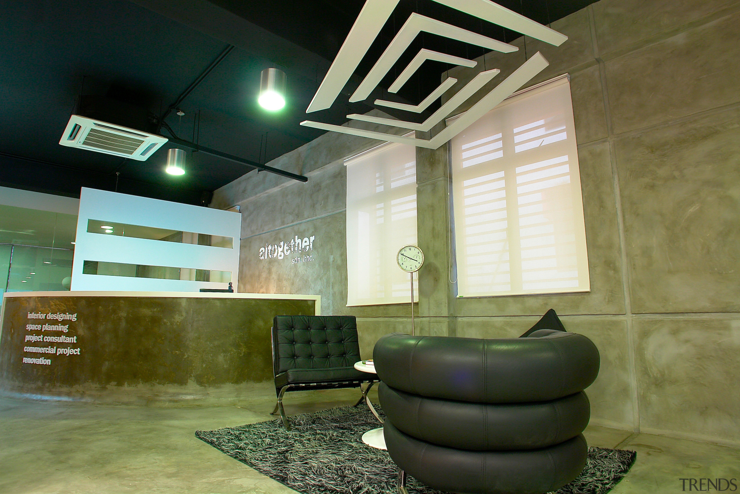 Altogether-Design's office is a demonstration space for iys architecture, ceiling, interior design, lobby, brown