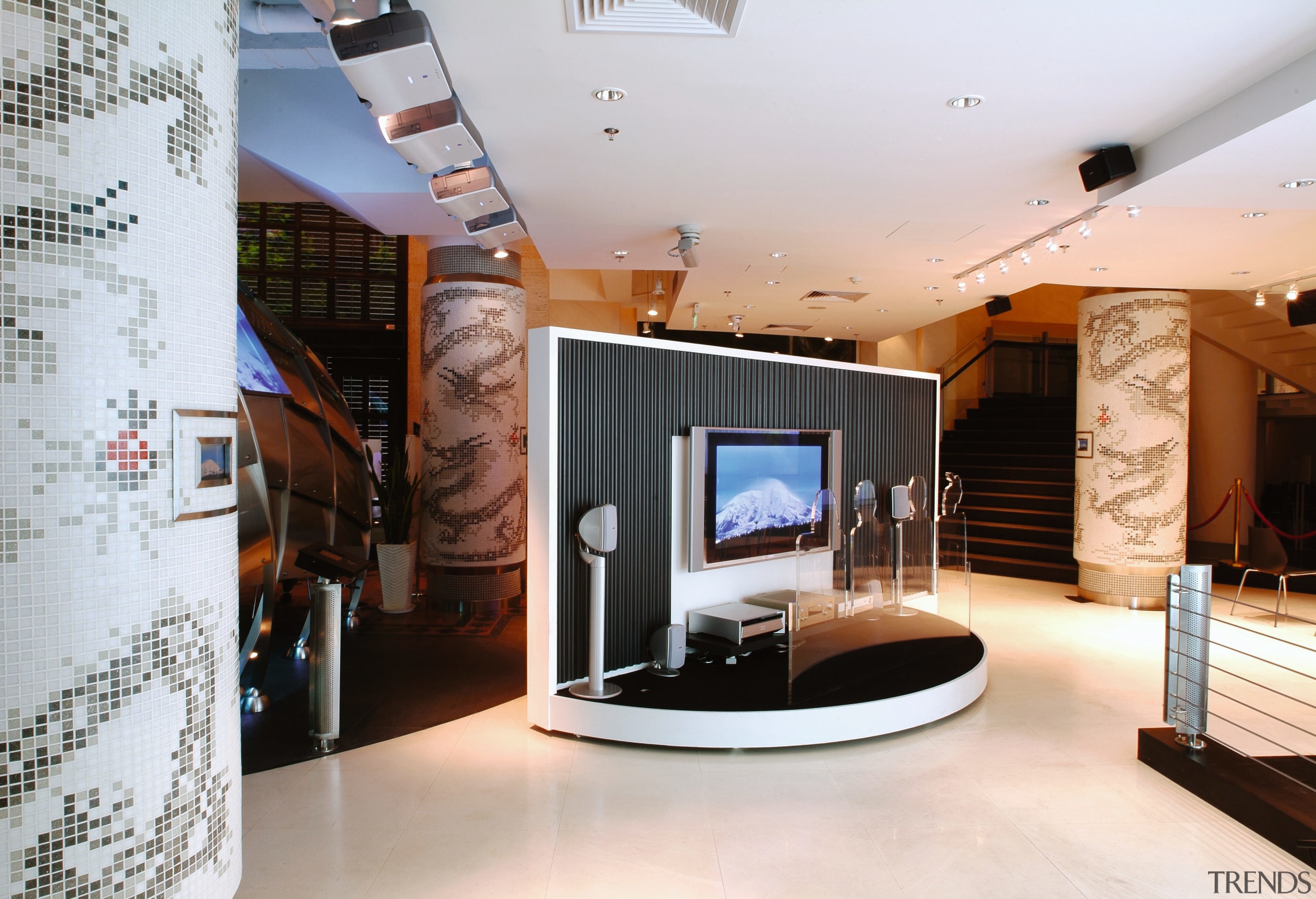 A view of a home theatre dispaly in ceiling, interior design, lobby, white