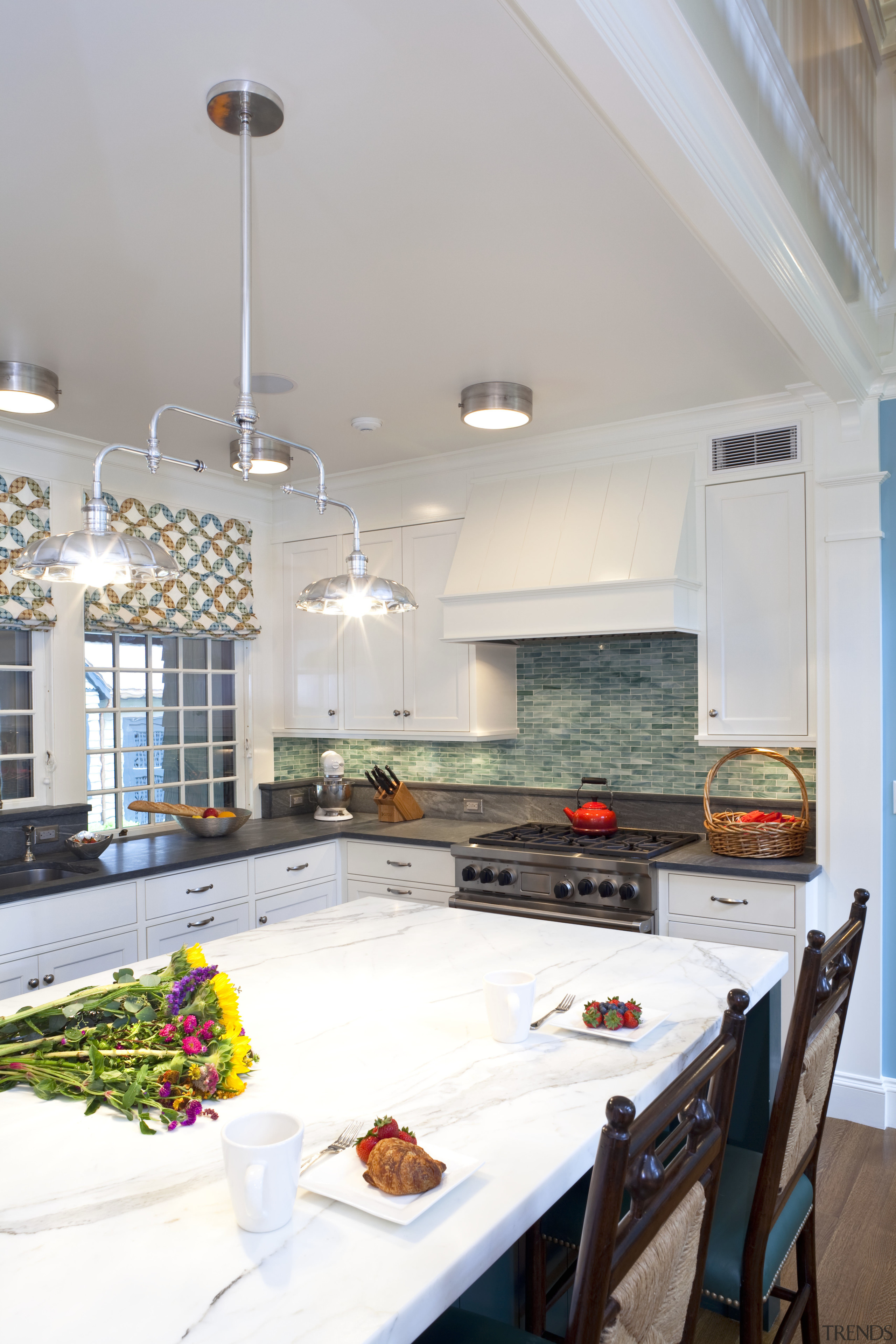 View of kitchen with dark turquoise island, colorful ceiling, countertop, daylighting, home, interior design, kitchen, real estate, room, table, window, white, gray