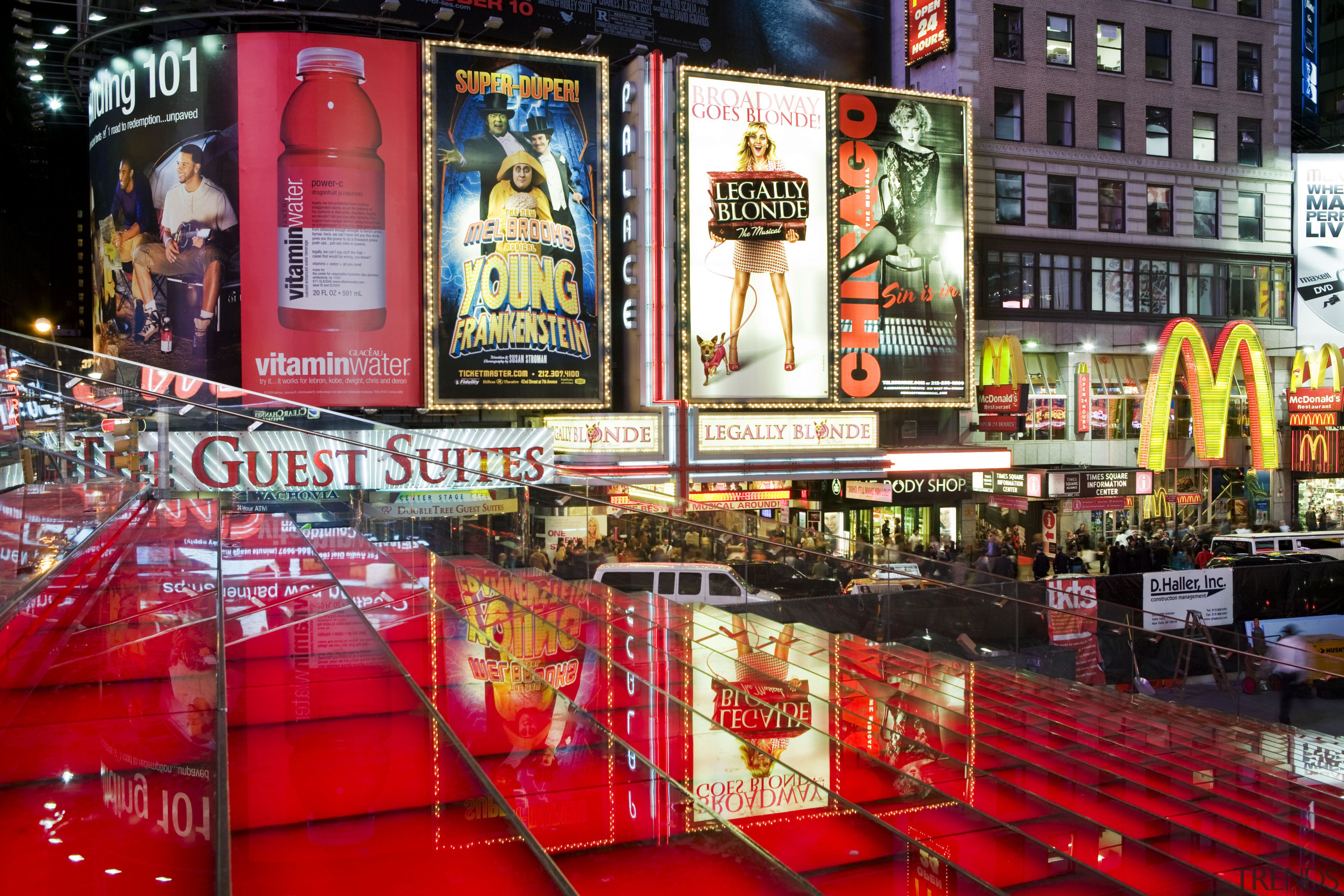 View of the new TKTS ticketing booth in advertising, city, metropolis, metropolitan area, red