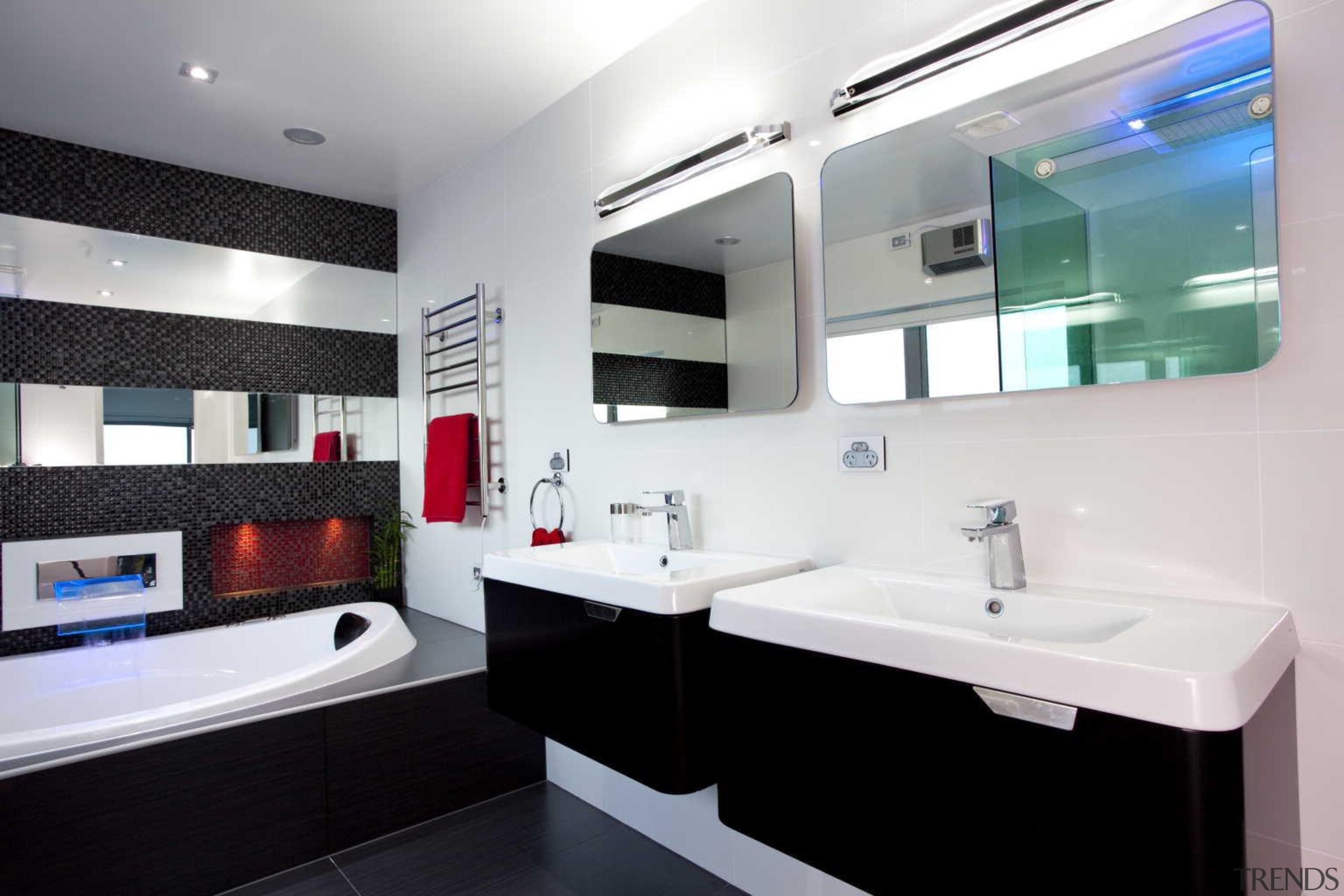Black and white bathroom with red and blue bathroom, interior design, product design, room, white, black