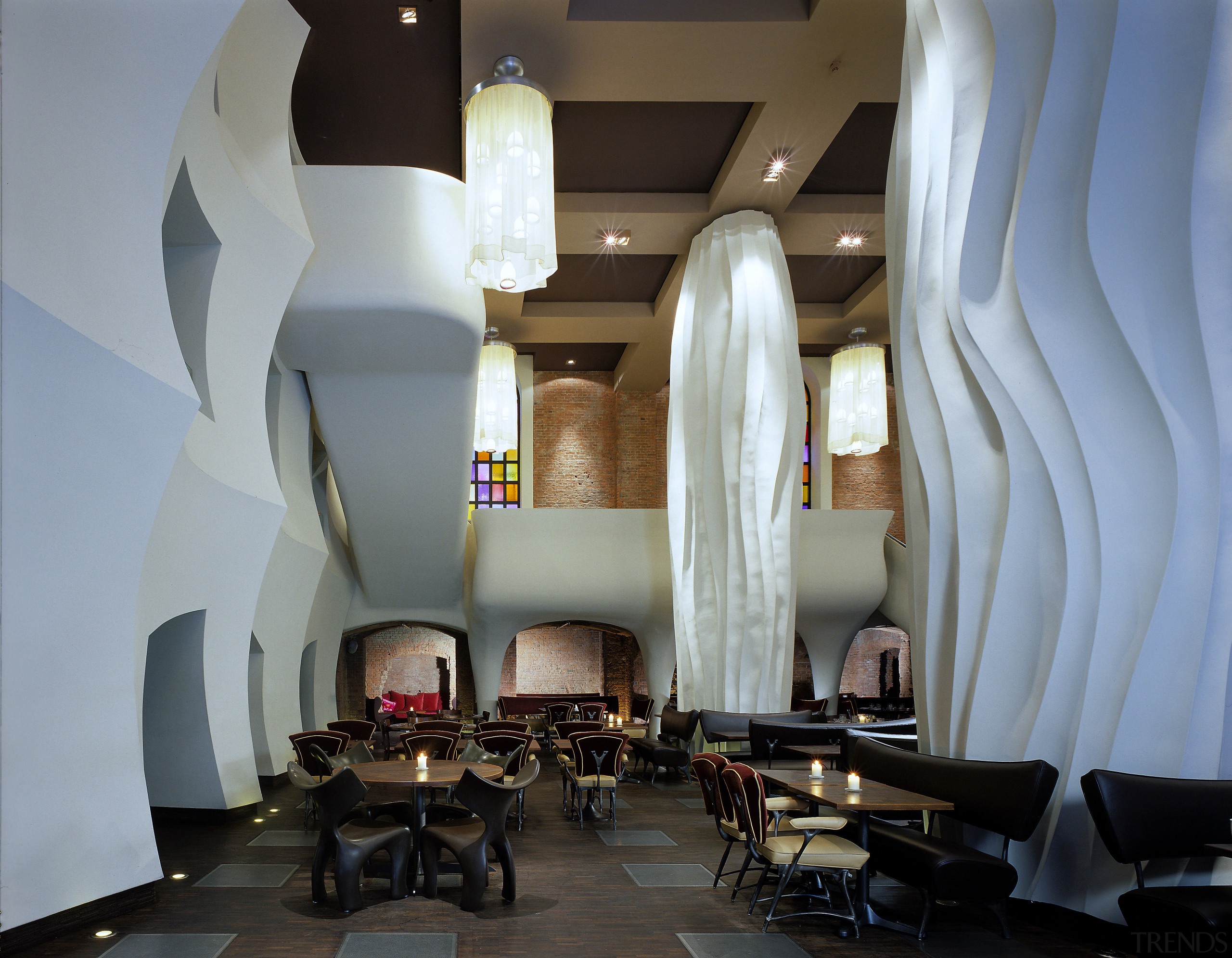 view of the restaurant that was designed and architecture, ceiling, furniture, interior design, lobby, restaurant, table, gray