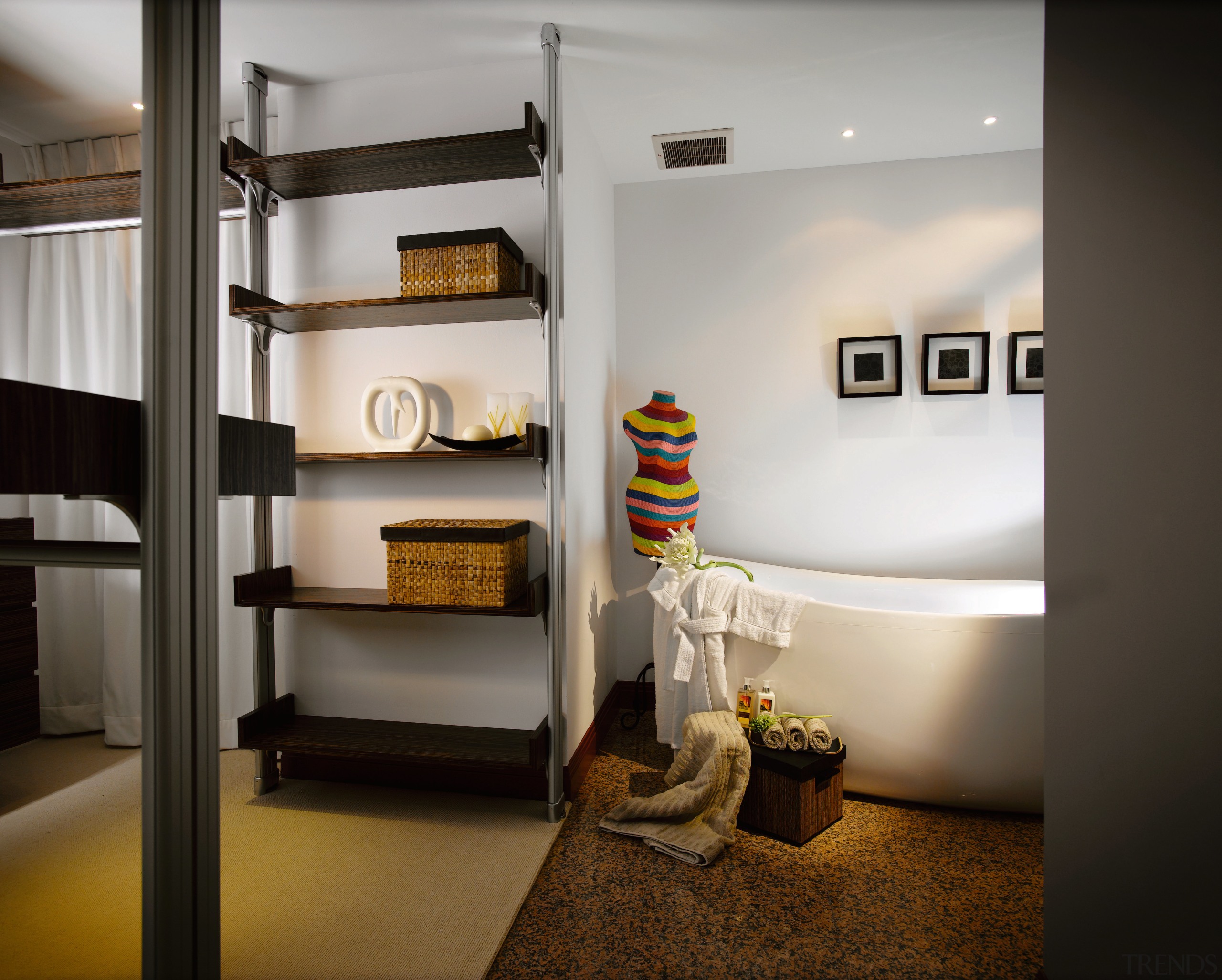 A view of the master bedroom. - A ceiling, furniture, home, interior design, room, shelf, shelving, gray, black