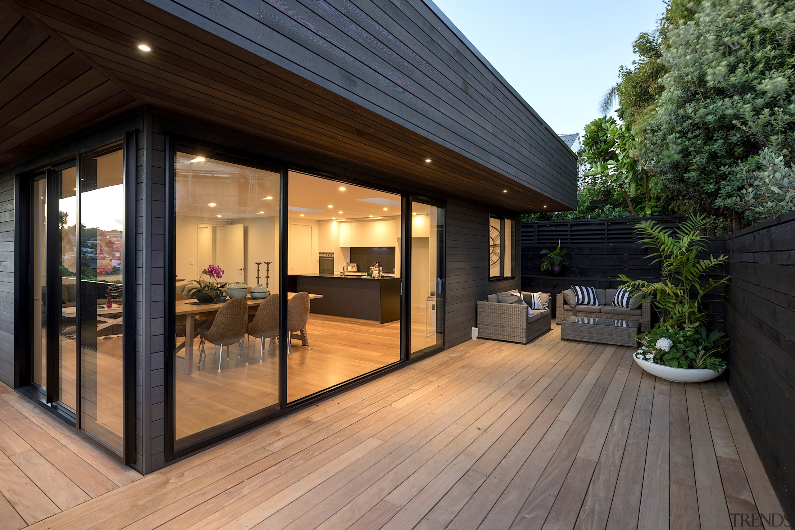 Expansive decking and new slatted timber cladding make architecture, building, deck, design, facade, floor, hardwood, home, house, interior design, property, real estate, roof, room, siding, window, wood, wood flooring, wood stain, black